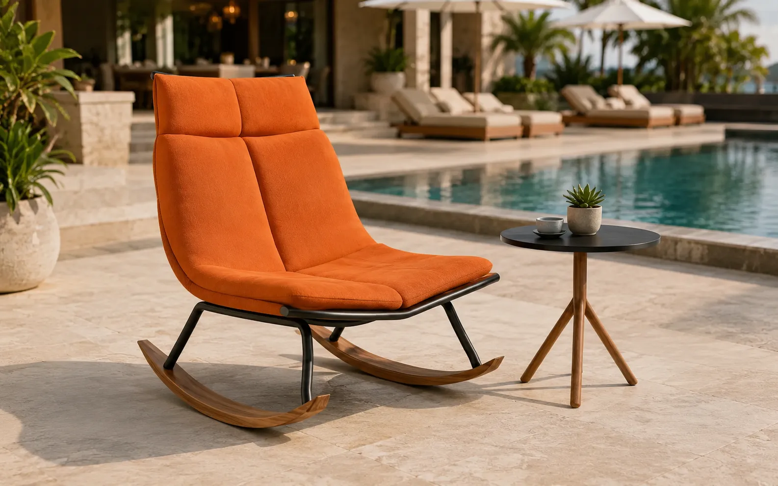 XIMU Furniture teak outdoor rocking lounge chair with orange cushion