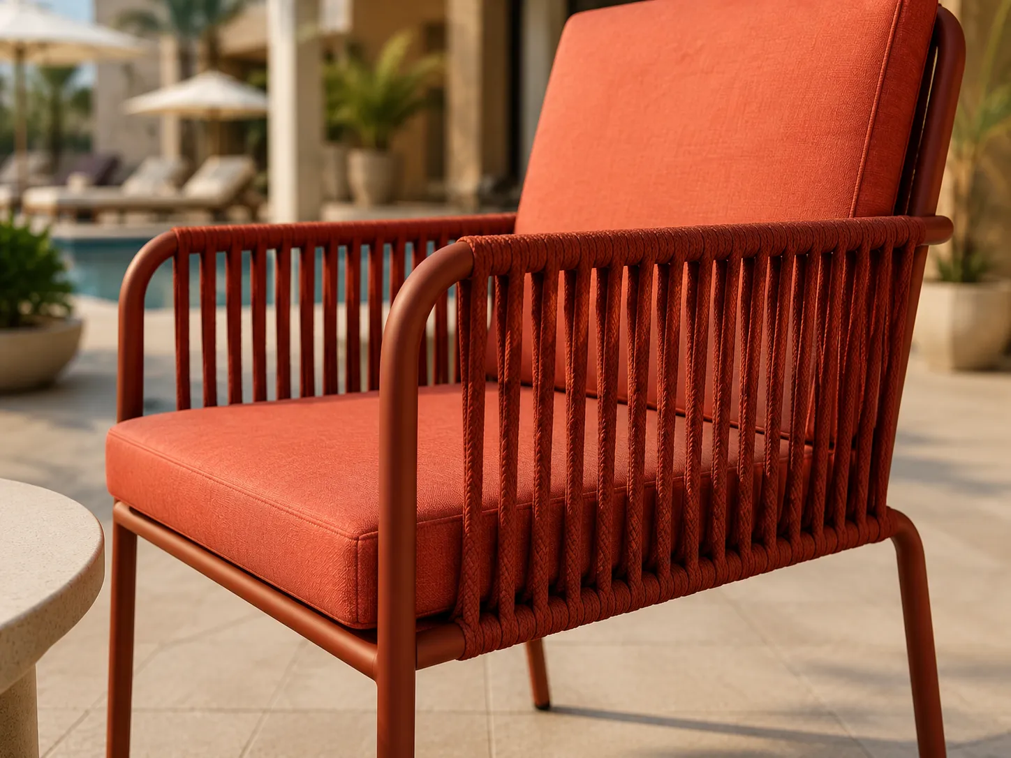 Vertical rope armrest detail of outdoor bistro chair