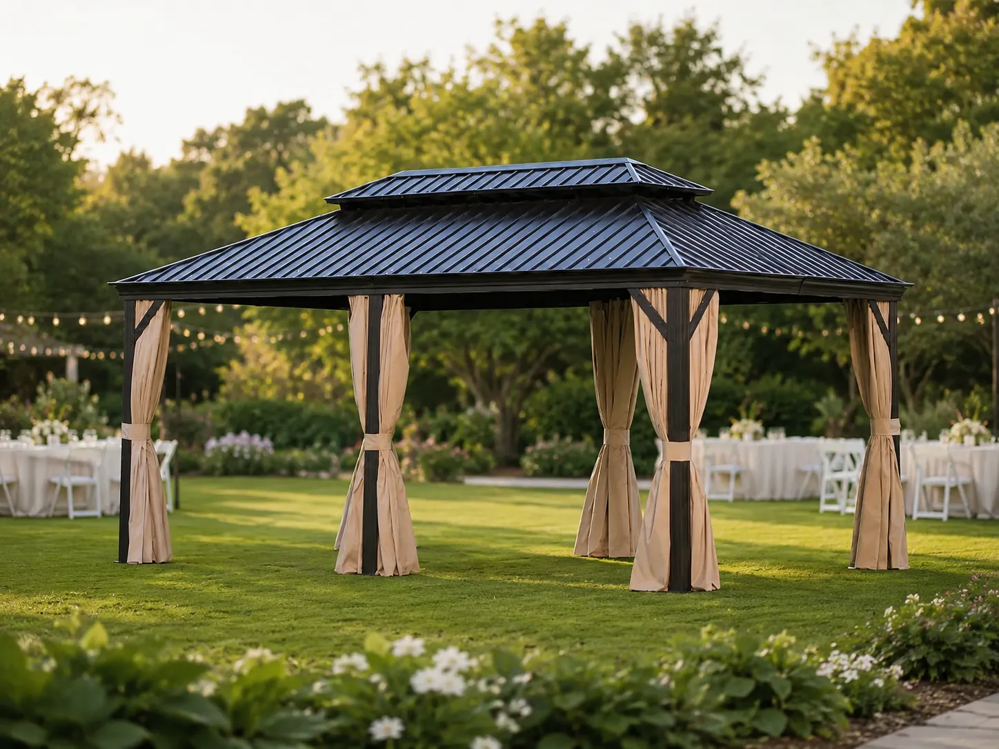Commercial outdoor gazebo for event lawn and outdoor gathering areas