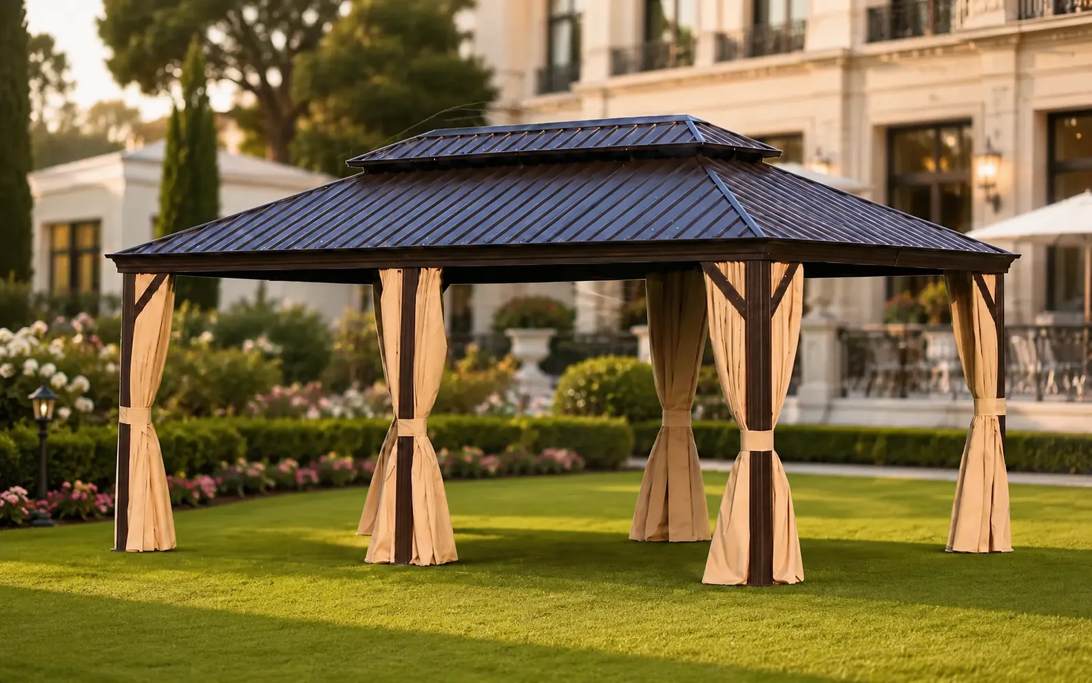 XIMU Furniture extra large outdoor gazebo with curtains and metal roof