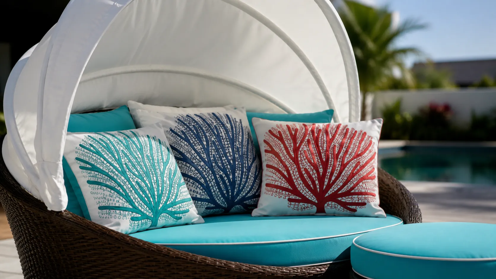 Foldable canopy detail of wicker outdoor daybed
