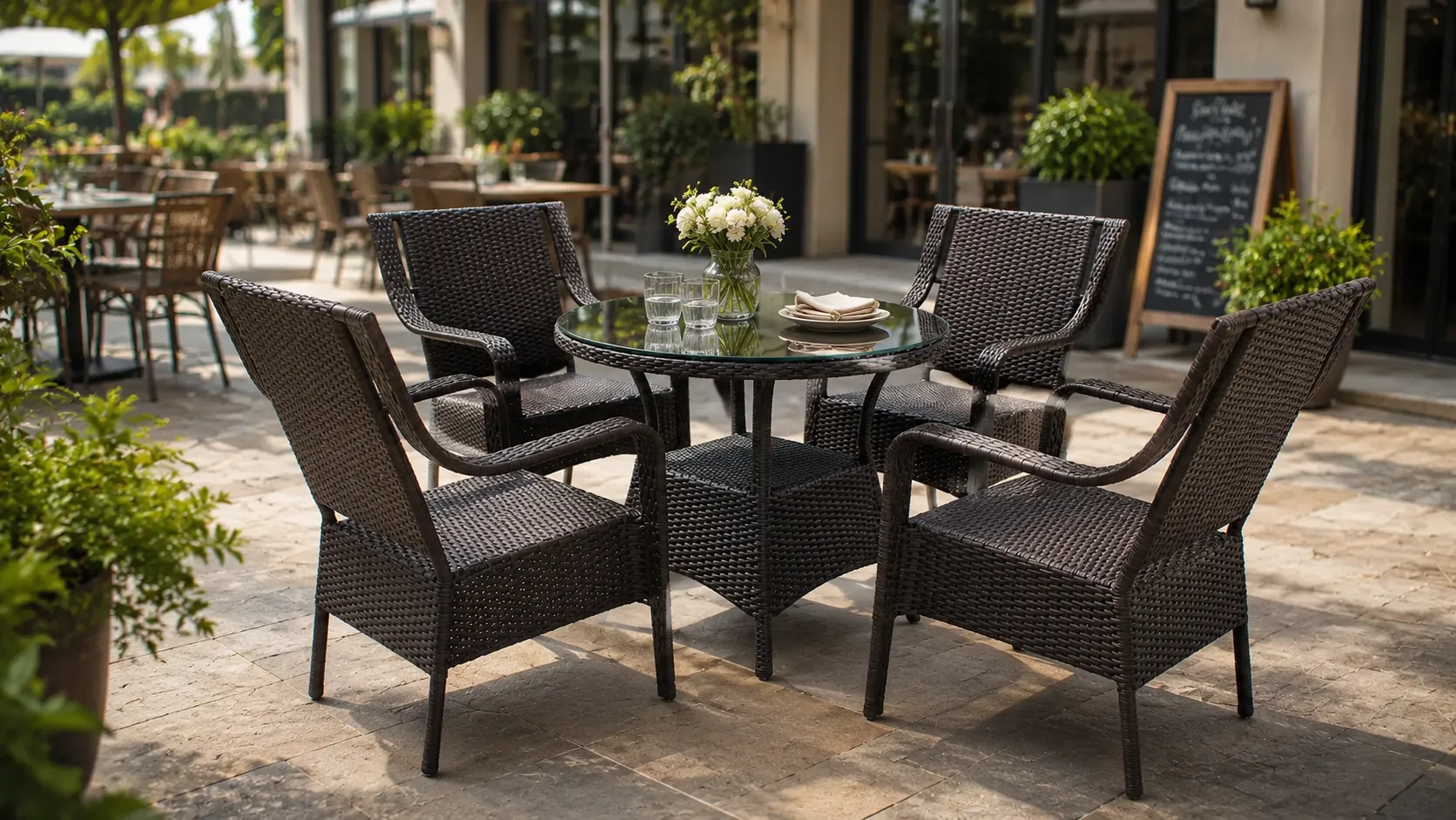 Four armchair rattan round outdoor dining set layout