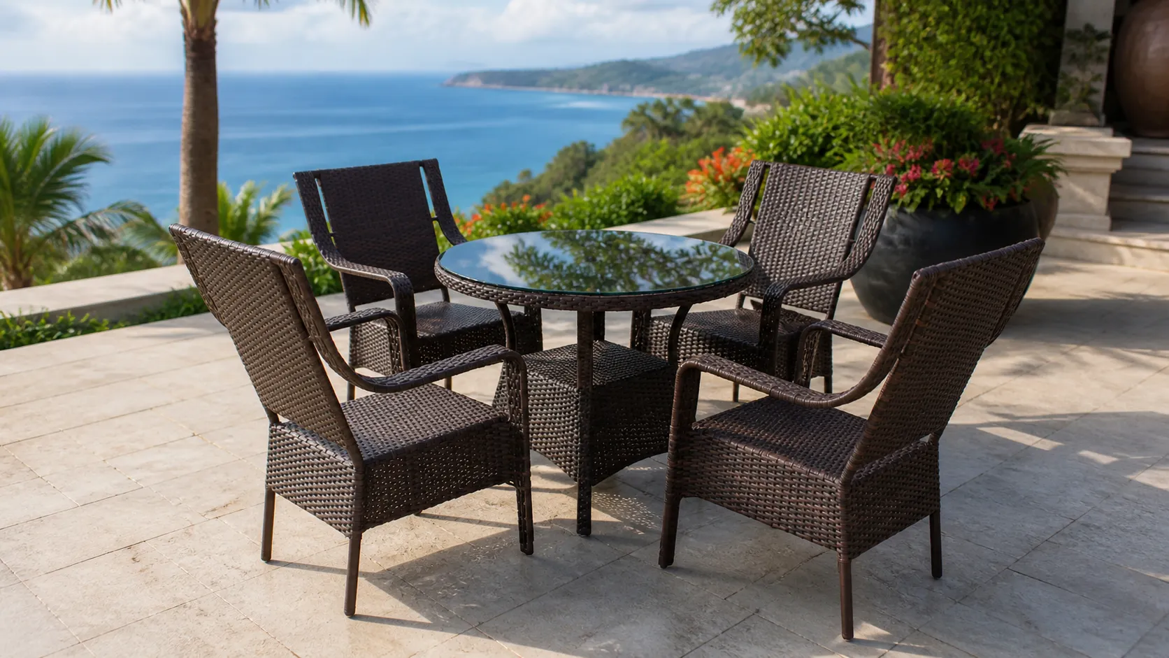 PE Rattan Round Outdoor Dining Set with 4 Armchairs for Patio, Balcony & Café