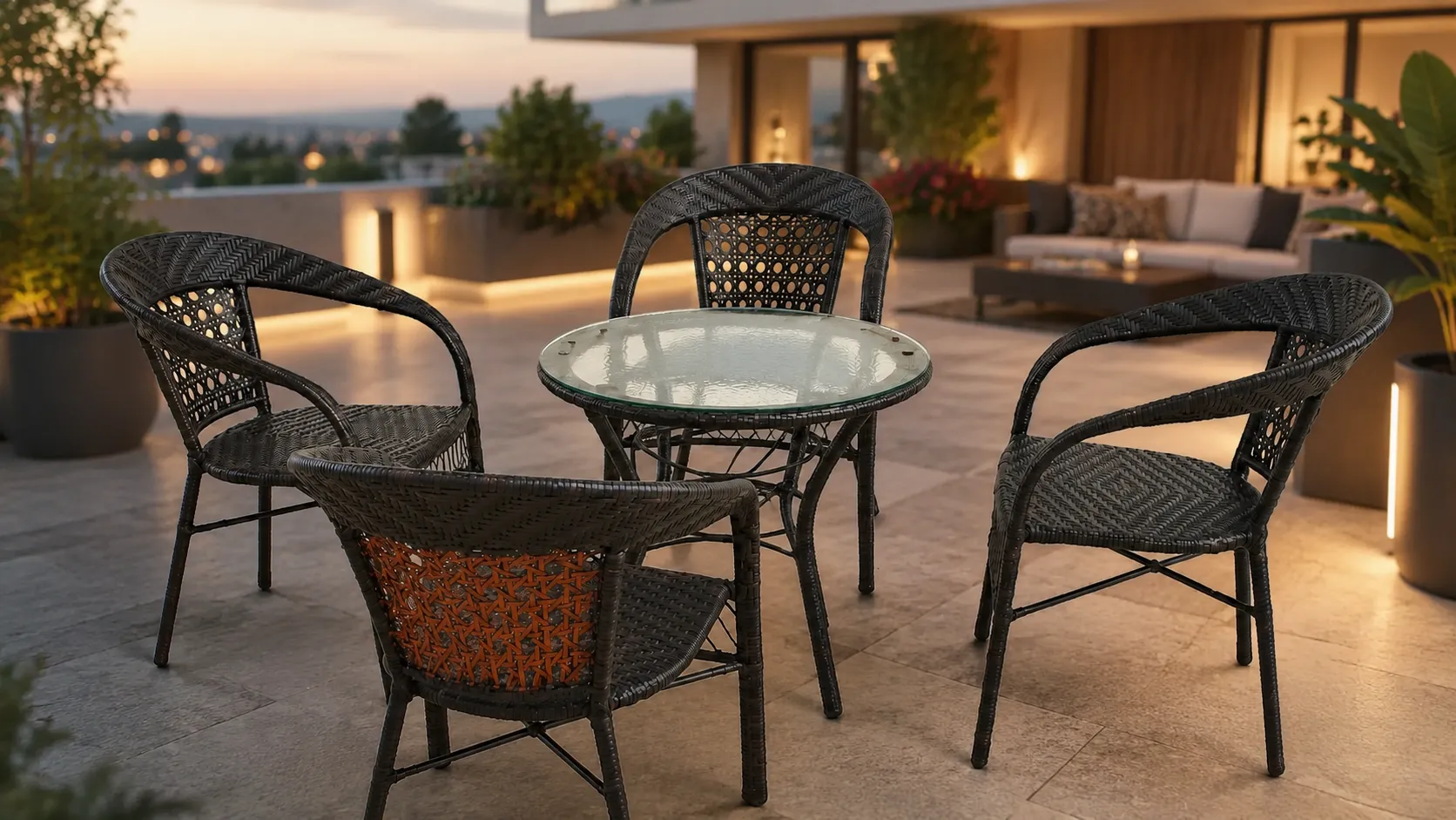 Four chair dark rattan round dining set layout with glass table