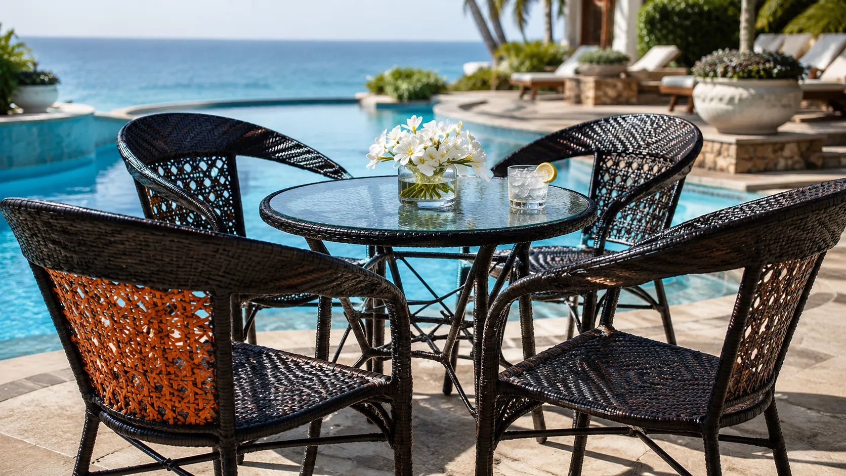 Dark Brown PE Rattan Outdoor Dining Set with 4 Open-Weave Armchairs & Round Glass Table
