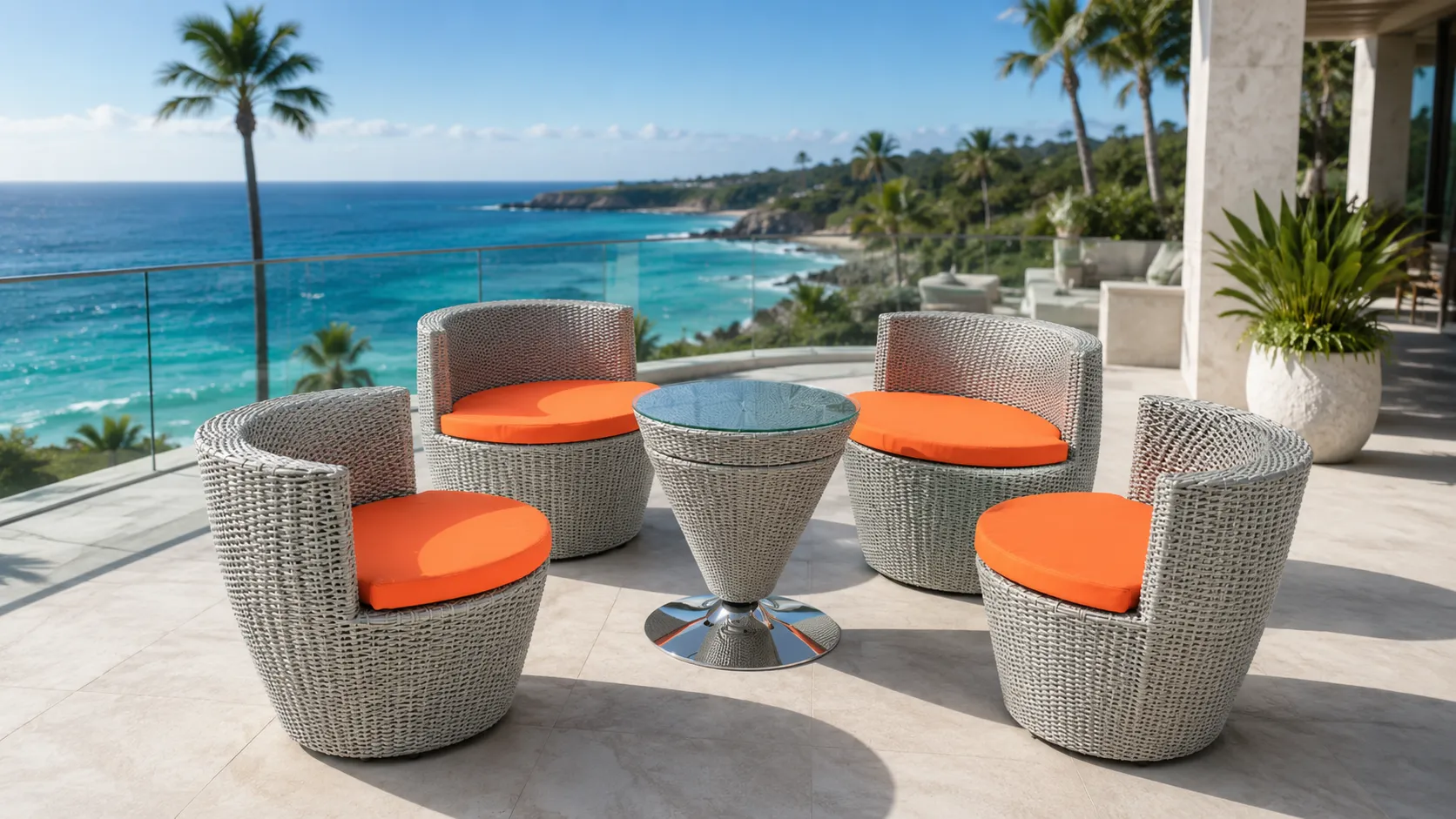 PE Rattan Outdoor Conversation Set with 4 Curved Chairs, Orange Cushions & Round Glass Table