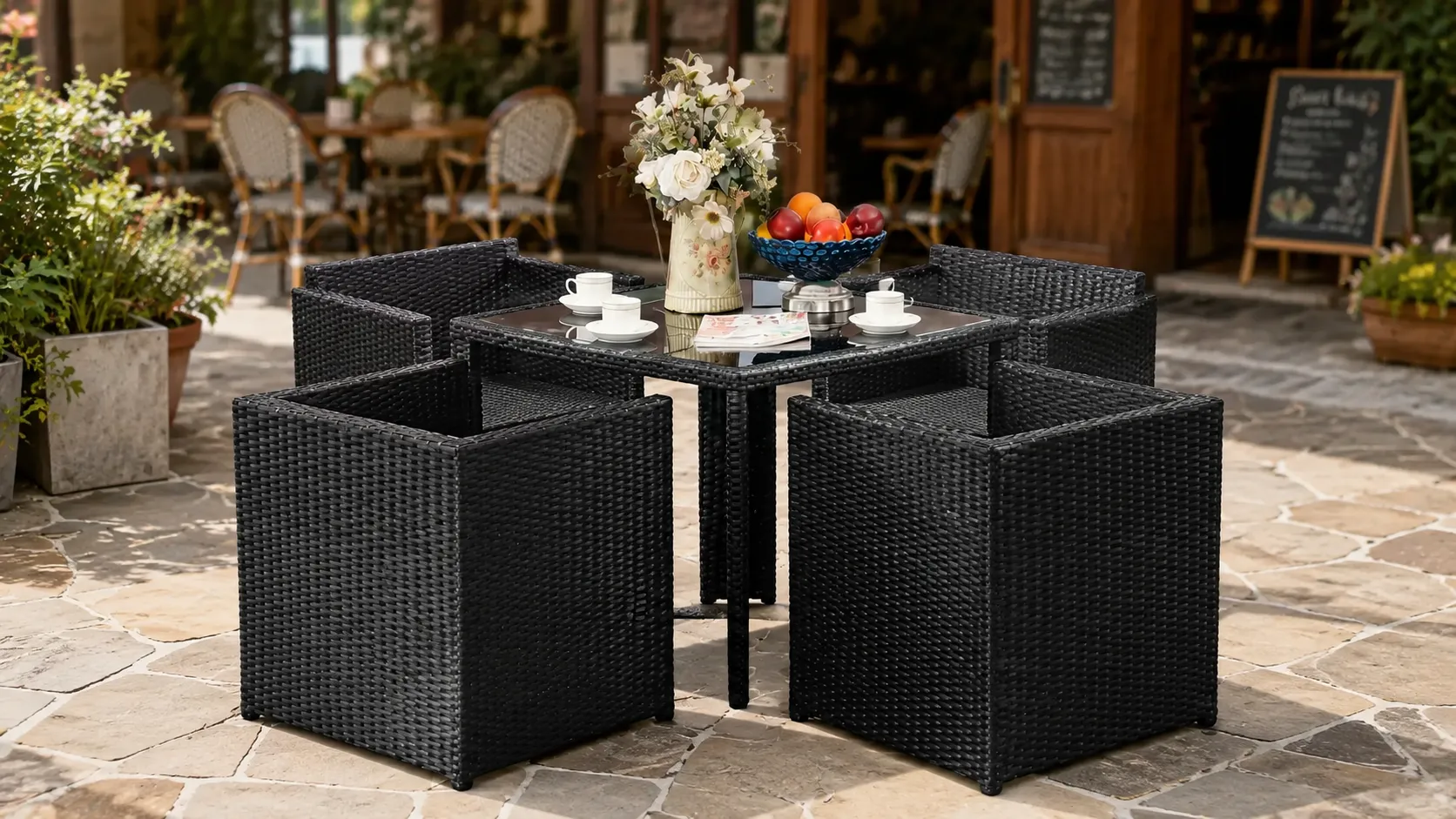 Four chair rattan outdoor dining set layout