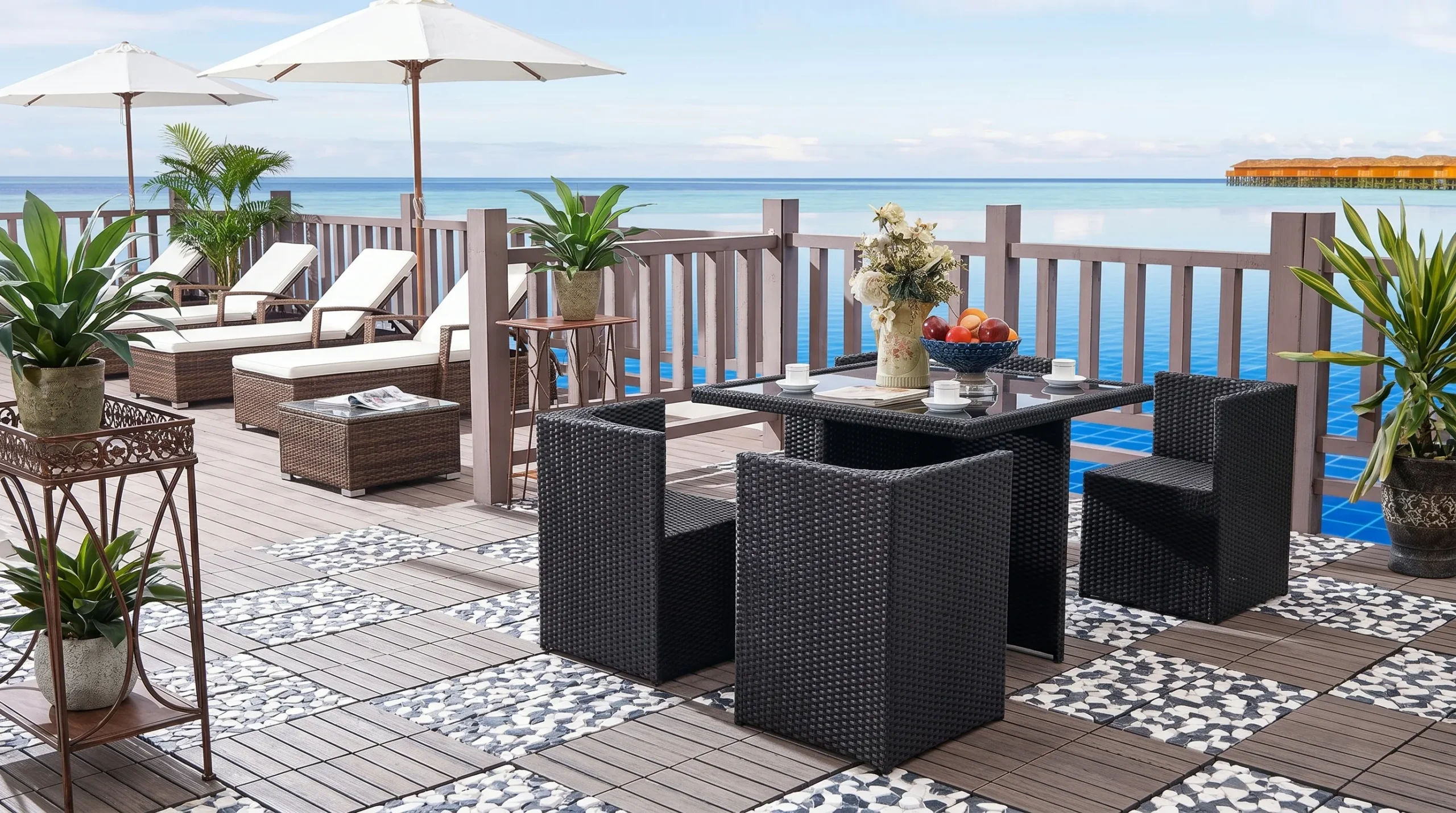 PE Rattan Outdoor Dining Set with 4 Chairs & Glass-Top Table for Patio, Balcony & Café