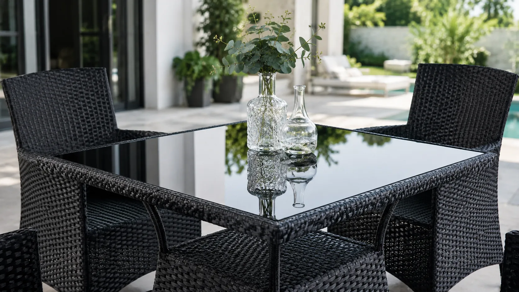 Four chair rattan dining set layout with square glass table