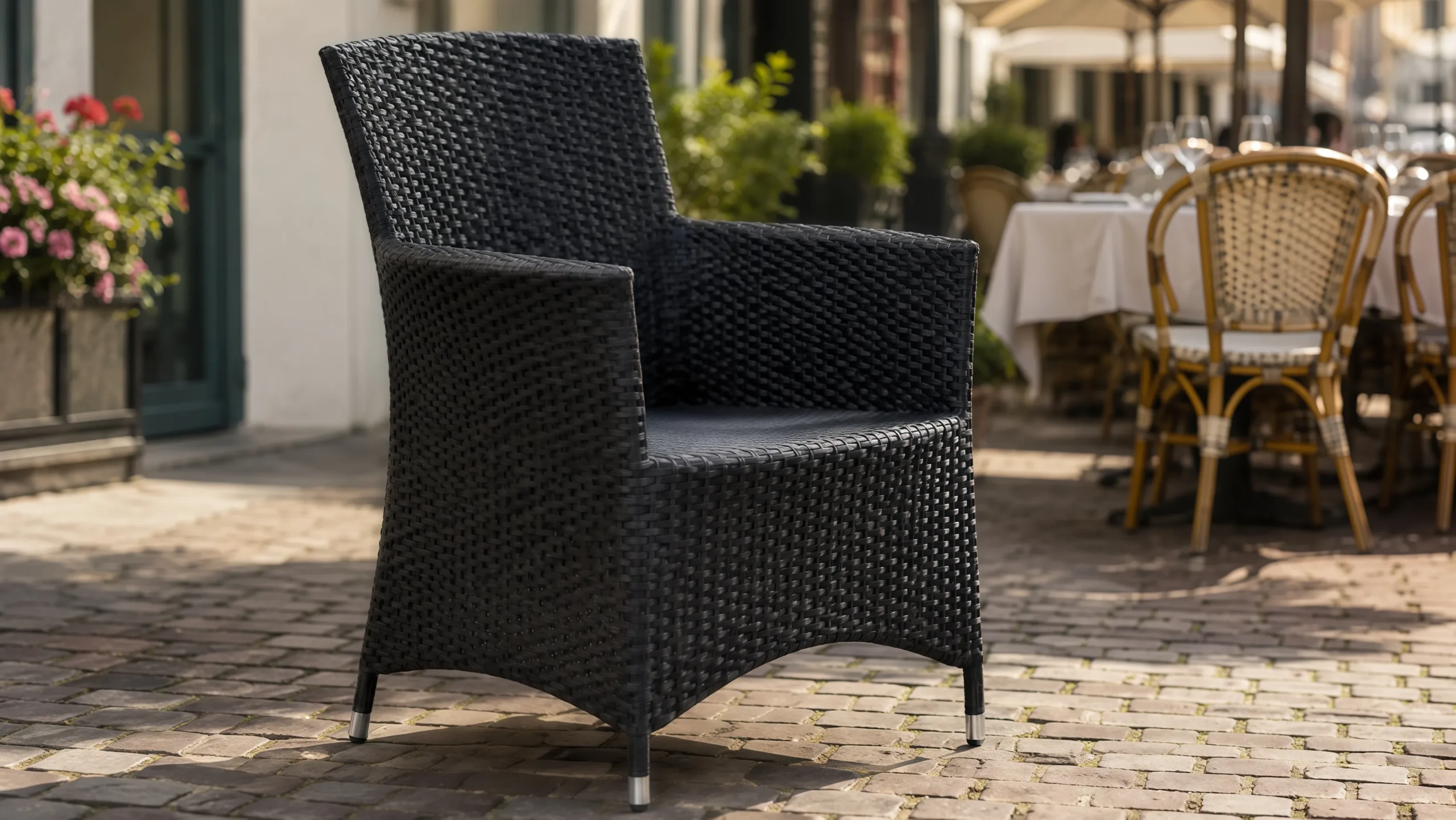 Black PE Rattan Patio Dining Set with 4 Armchairs and Square Glass Table