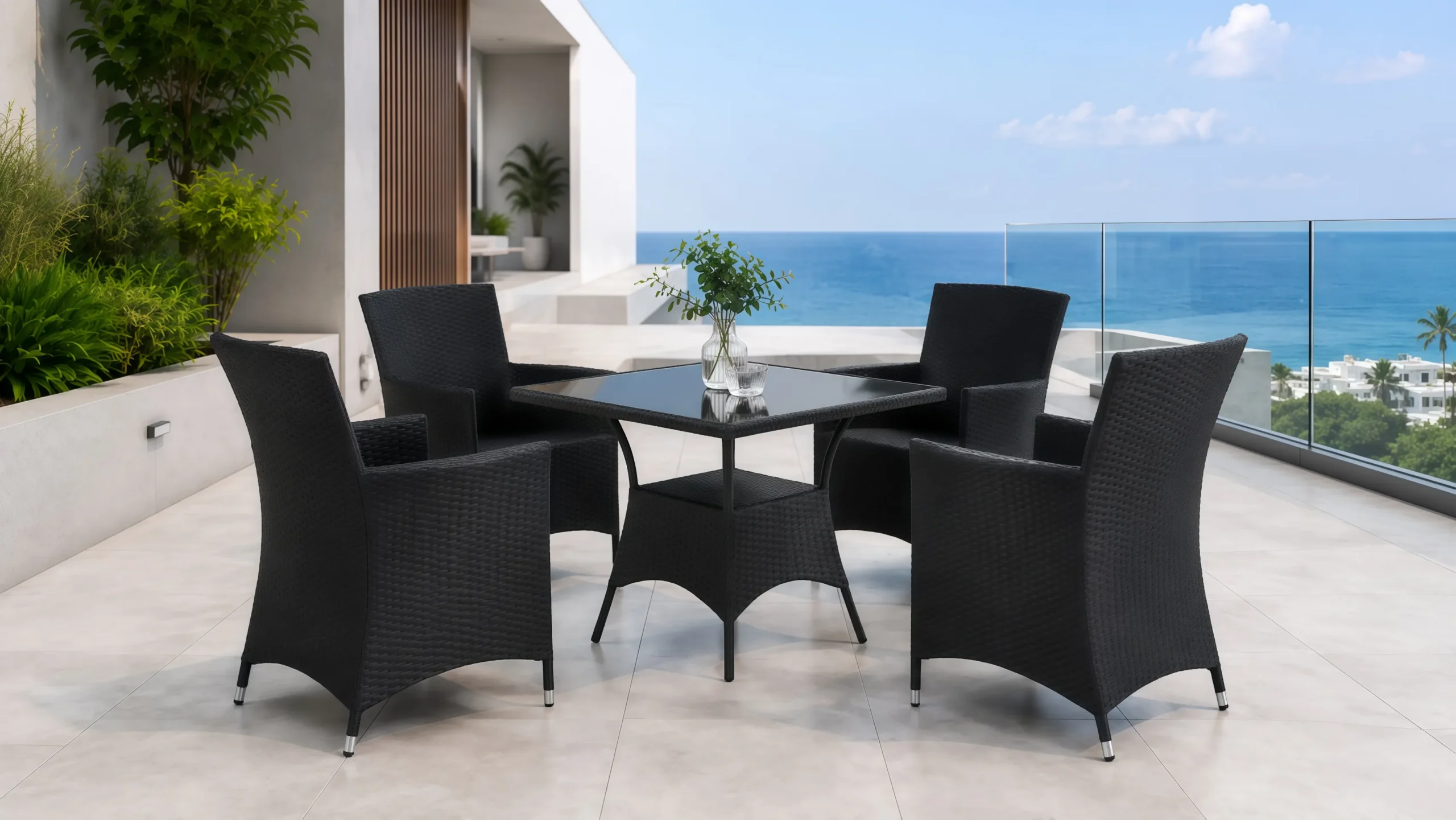 Black PE Rattan Patio Dining Set with 4 Armchairs and Square Glass Table