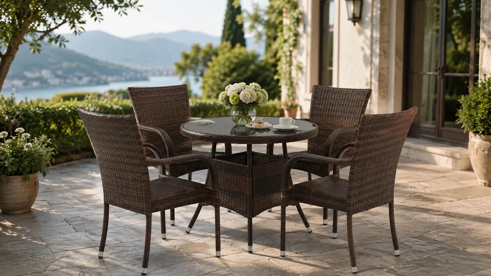 Four chair rattan dining set layout with round glass table