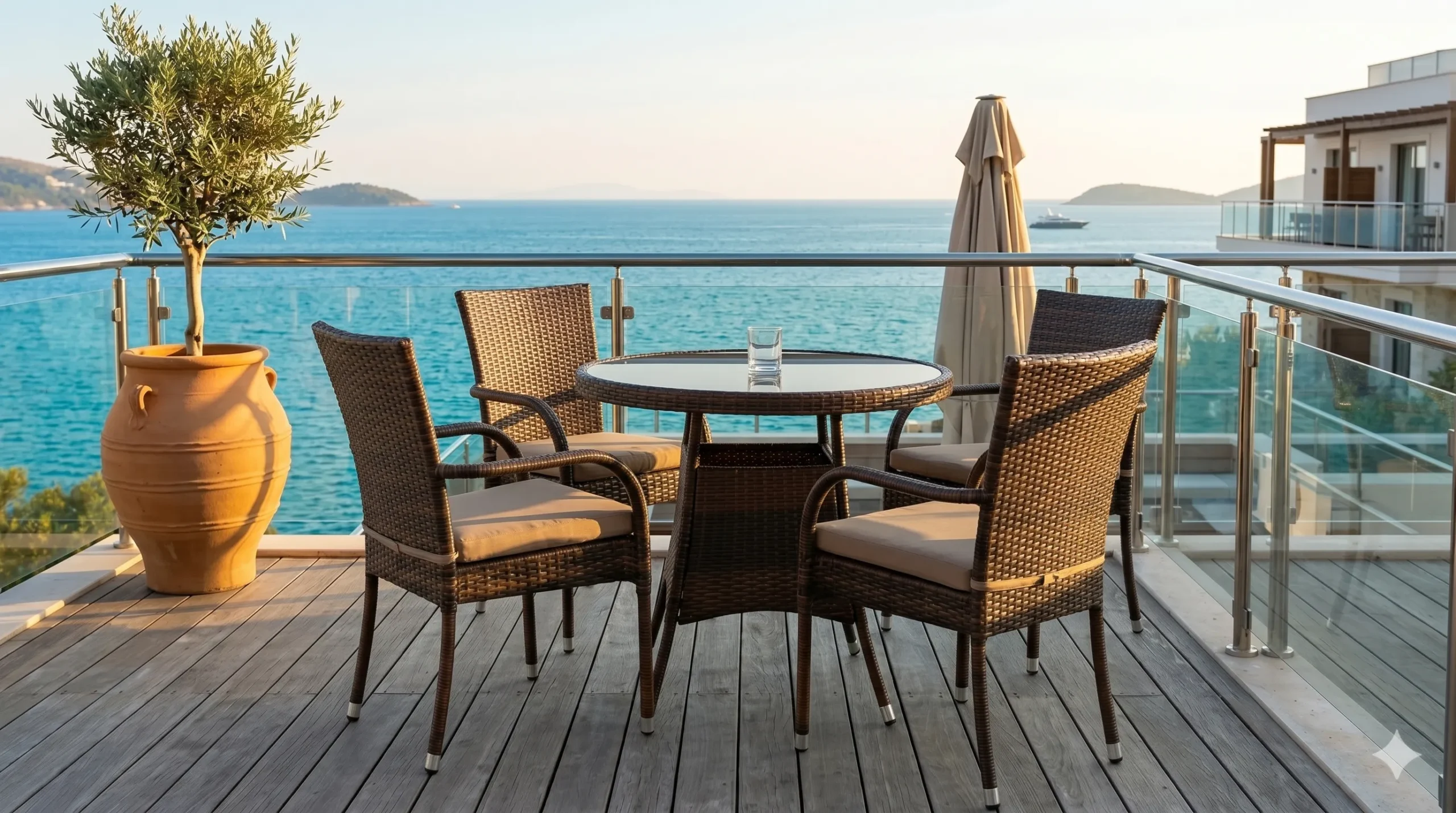 Brown PE Rattan Dining Set with 4 Armchairs & Round Glass Table for Patio Garden Café