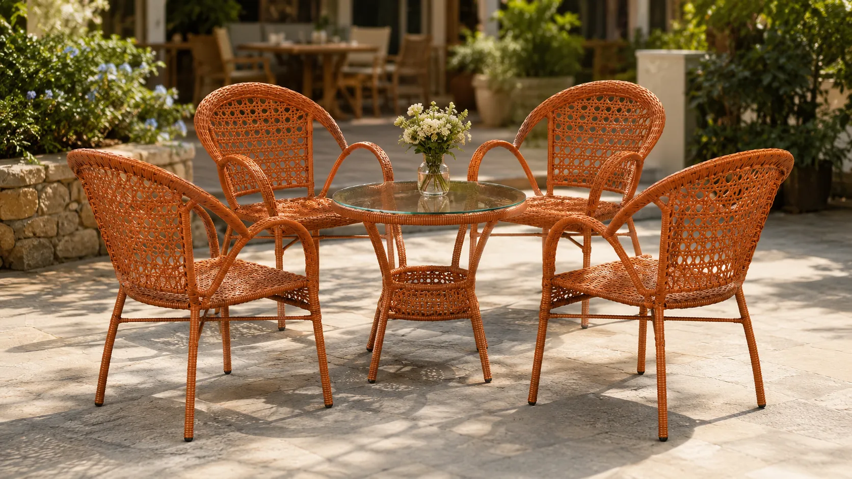 Four chair rattan round dining set layout with glass table