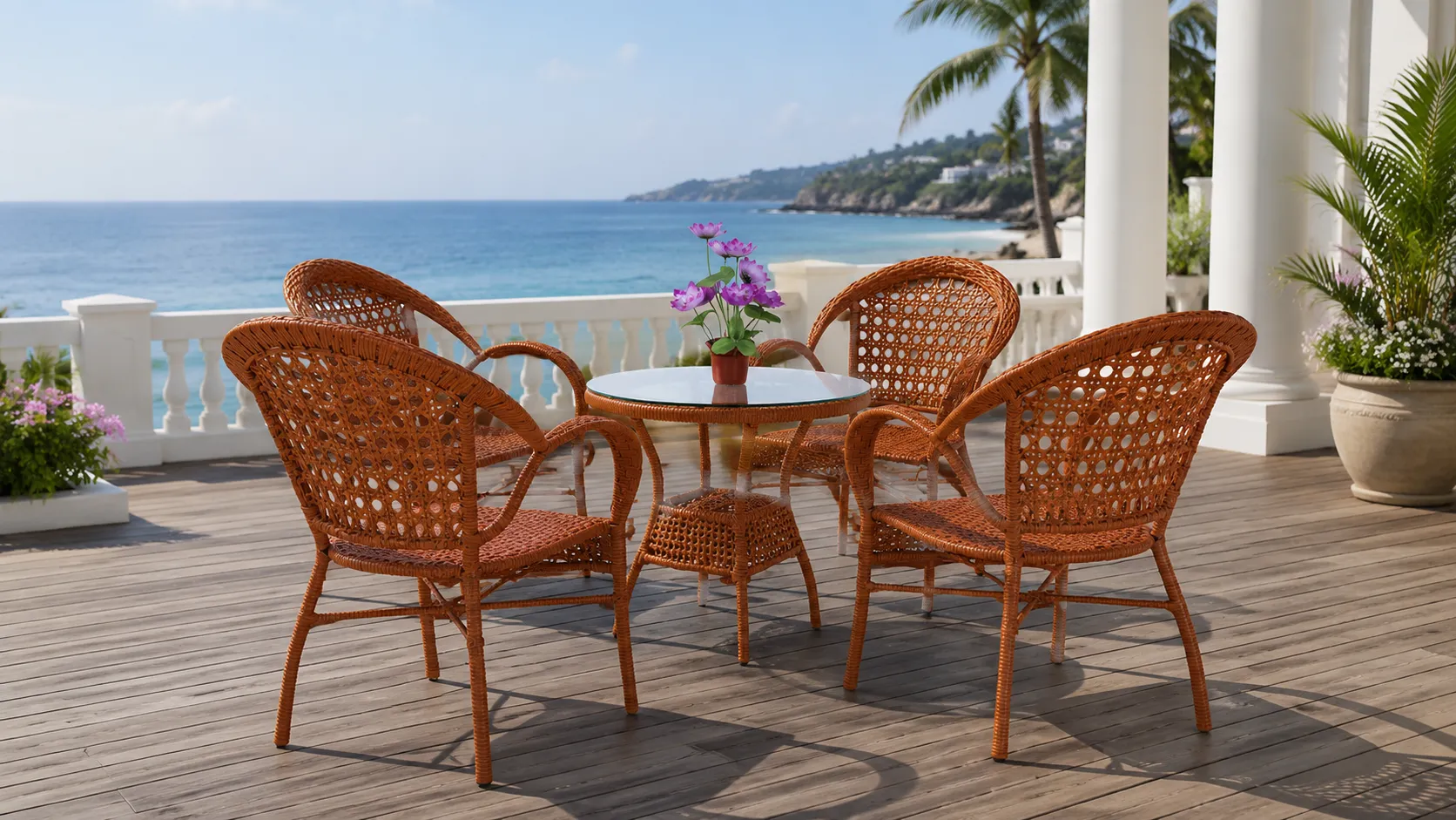 Honey Brown PE Rattan Outdoor Dining Set with 4 Armchairs & Round Glass Table for Patio Café Terrace