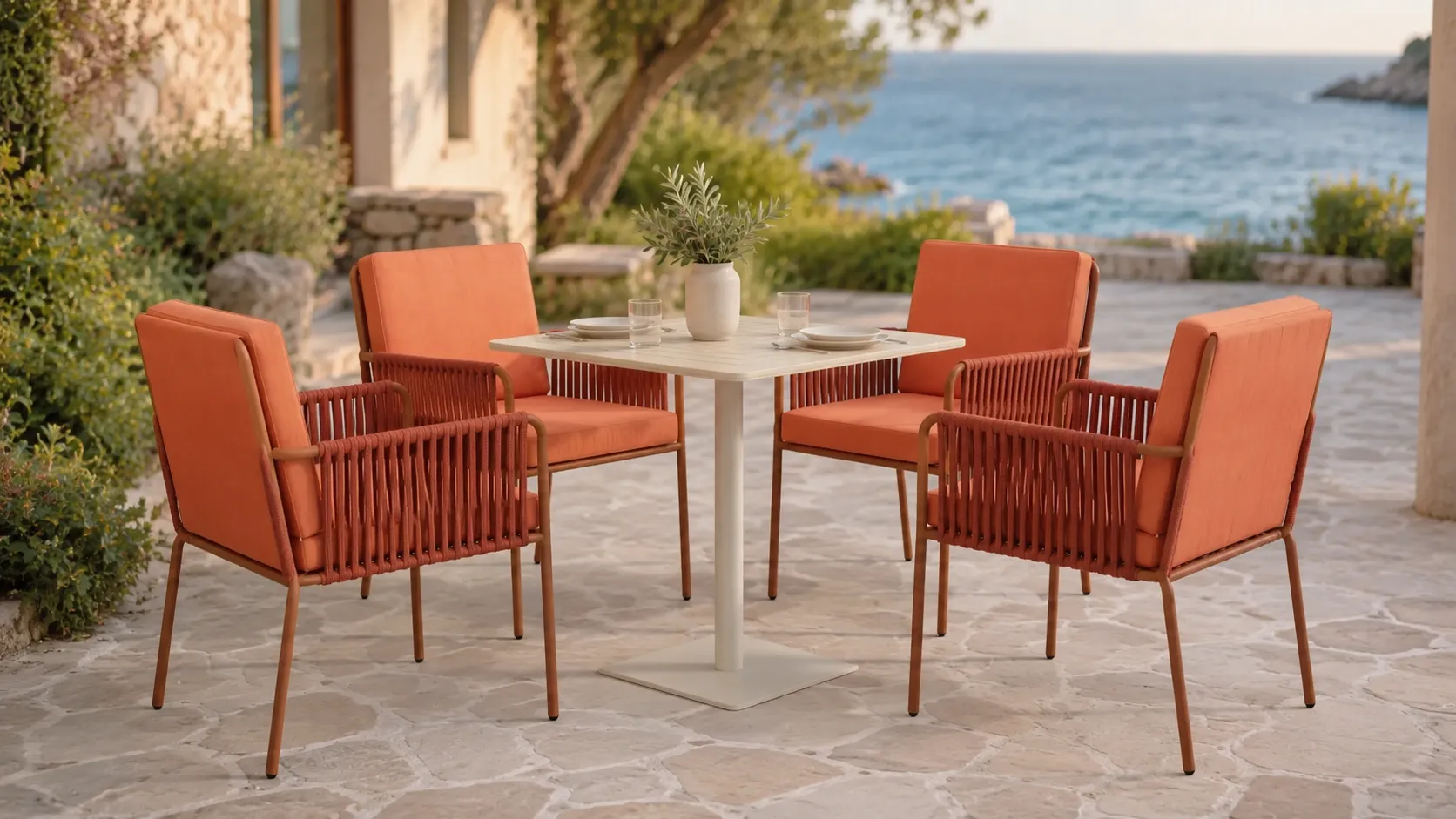 Four chair rope dining set layout with square patio table