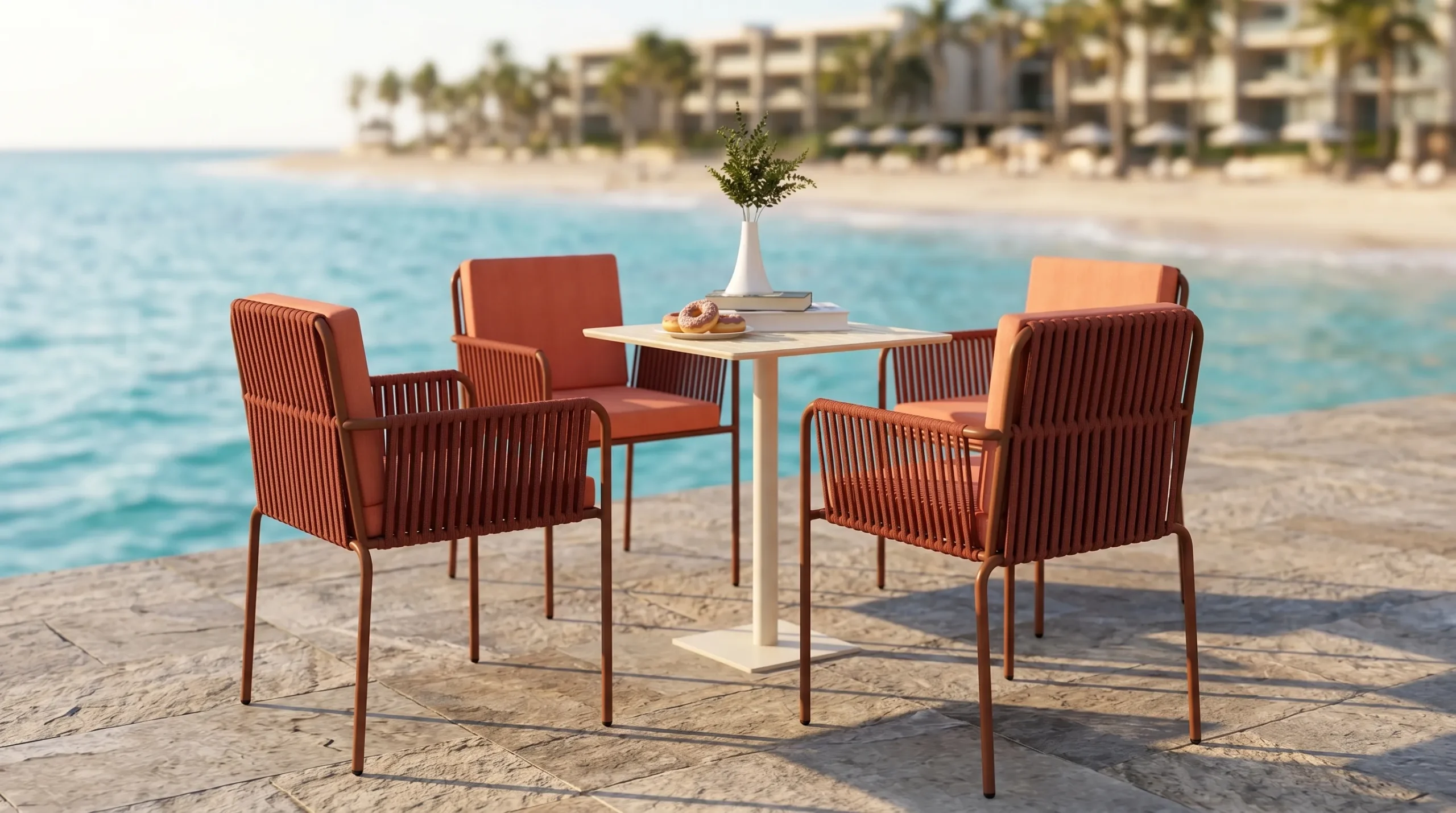 Outdoor Rope Dining Set with 4 Terracotta Cushion Armchairs & Square Patio Table for Café Garden Hotel
