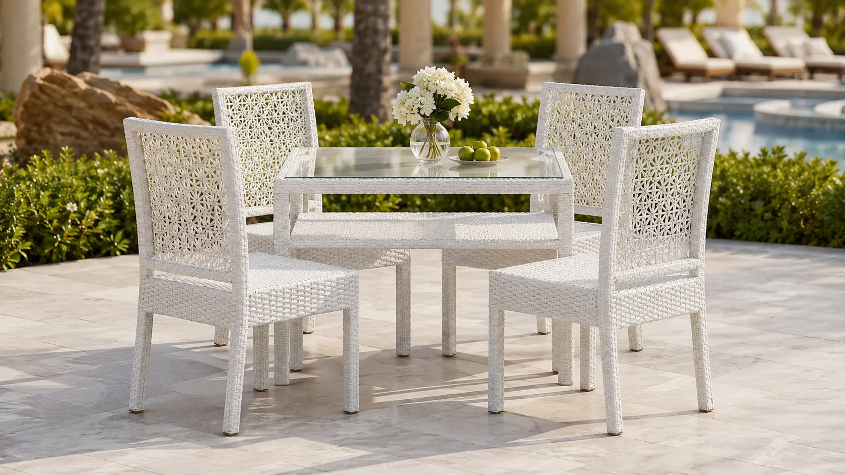 Four chair white rattan dining set layout with rectangular glass table