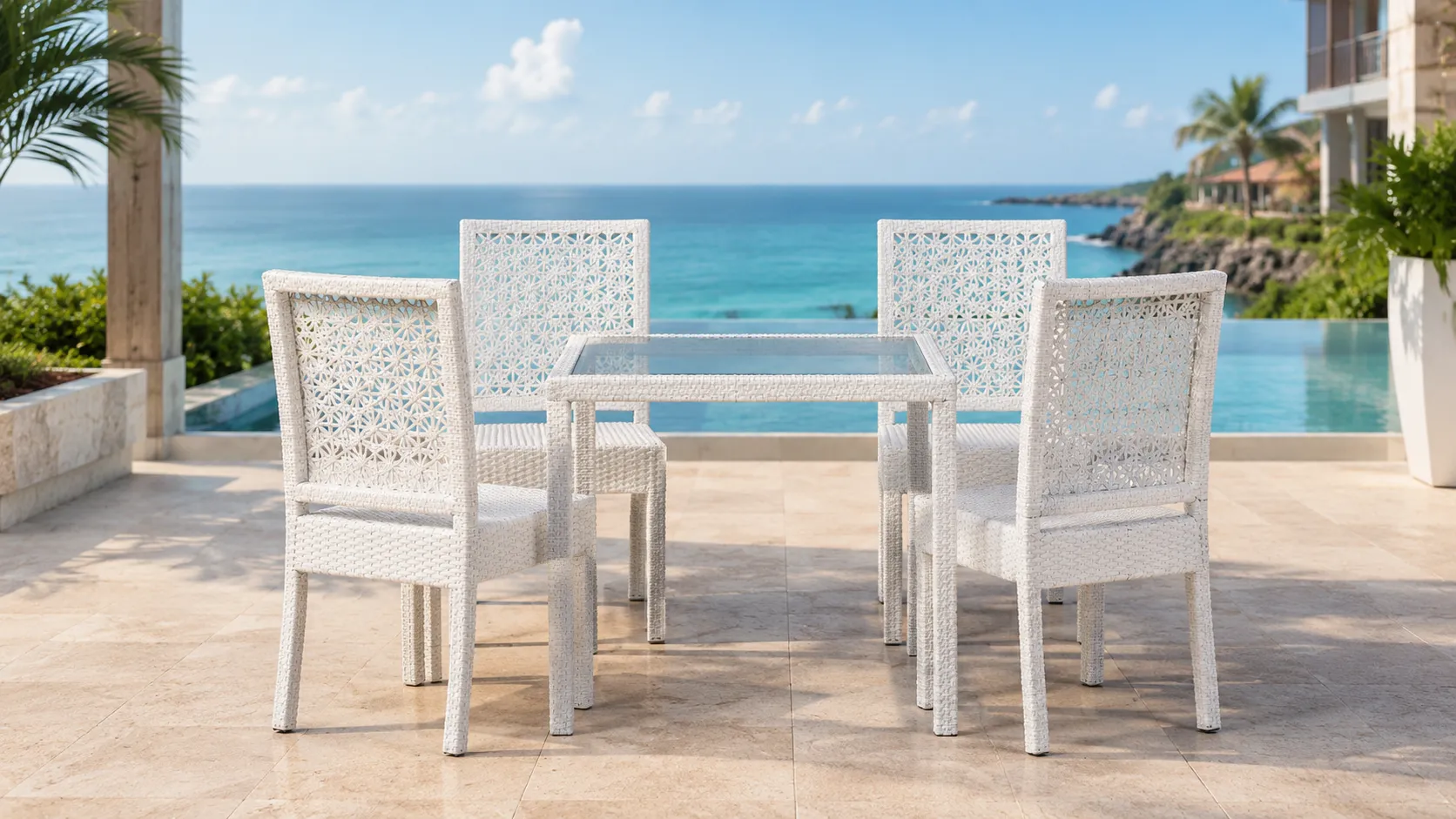 White PE Rattan Outdoor Dining Set with 4 Chairs & Glass Table for Patio Café Terrace