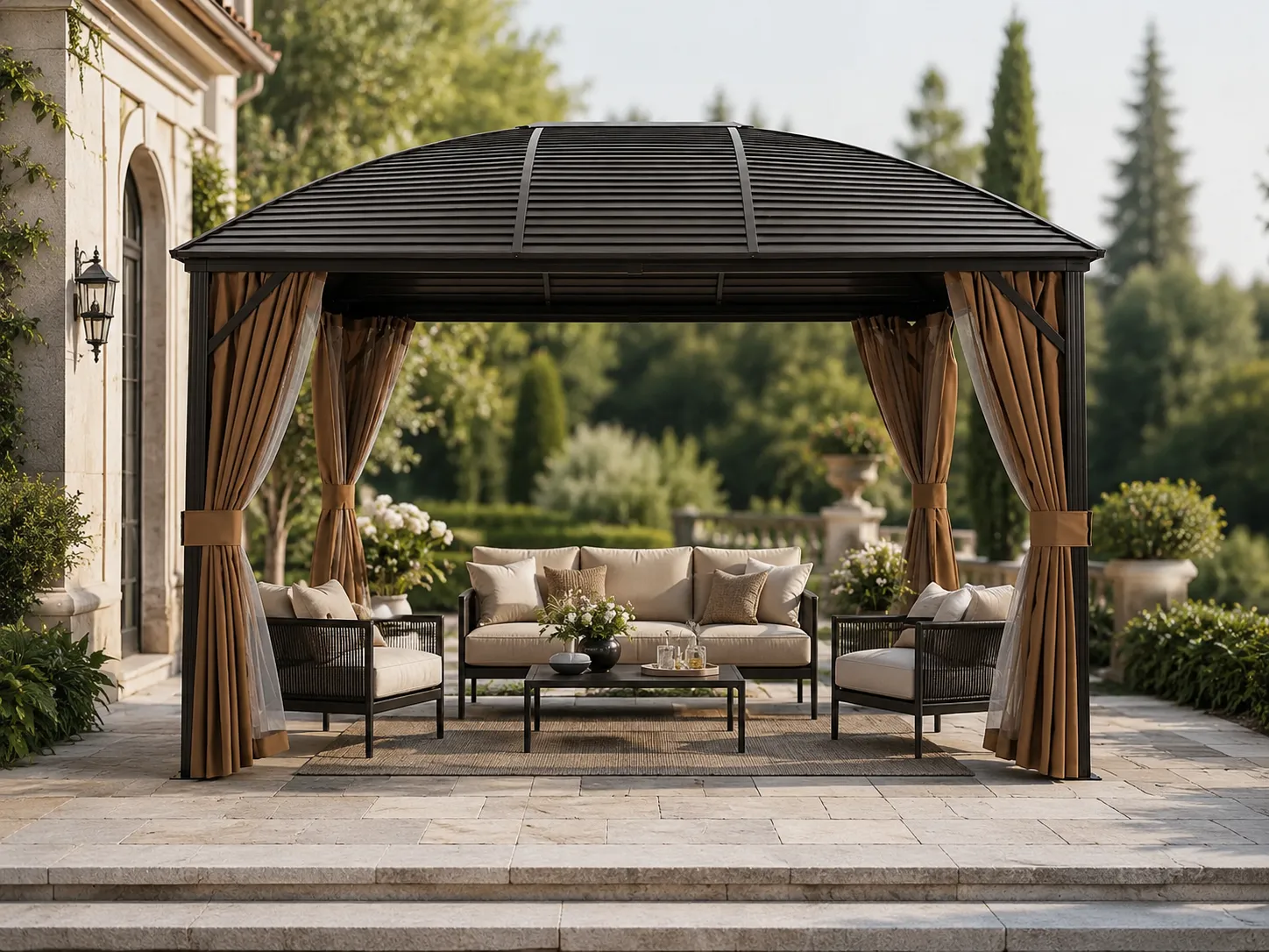 Curved roof galvanized steel gazebo used in a garden patio space