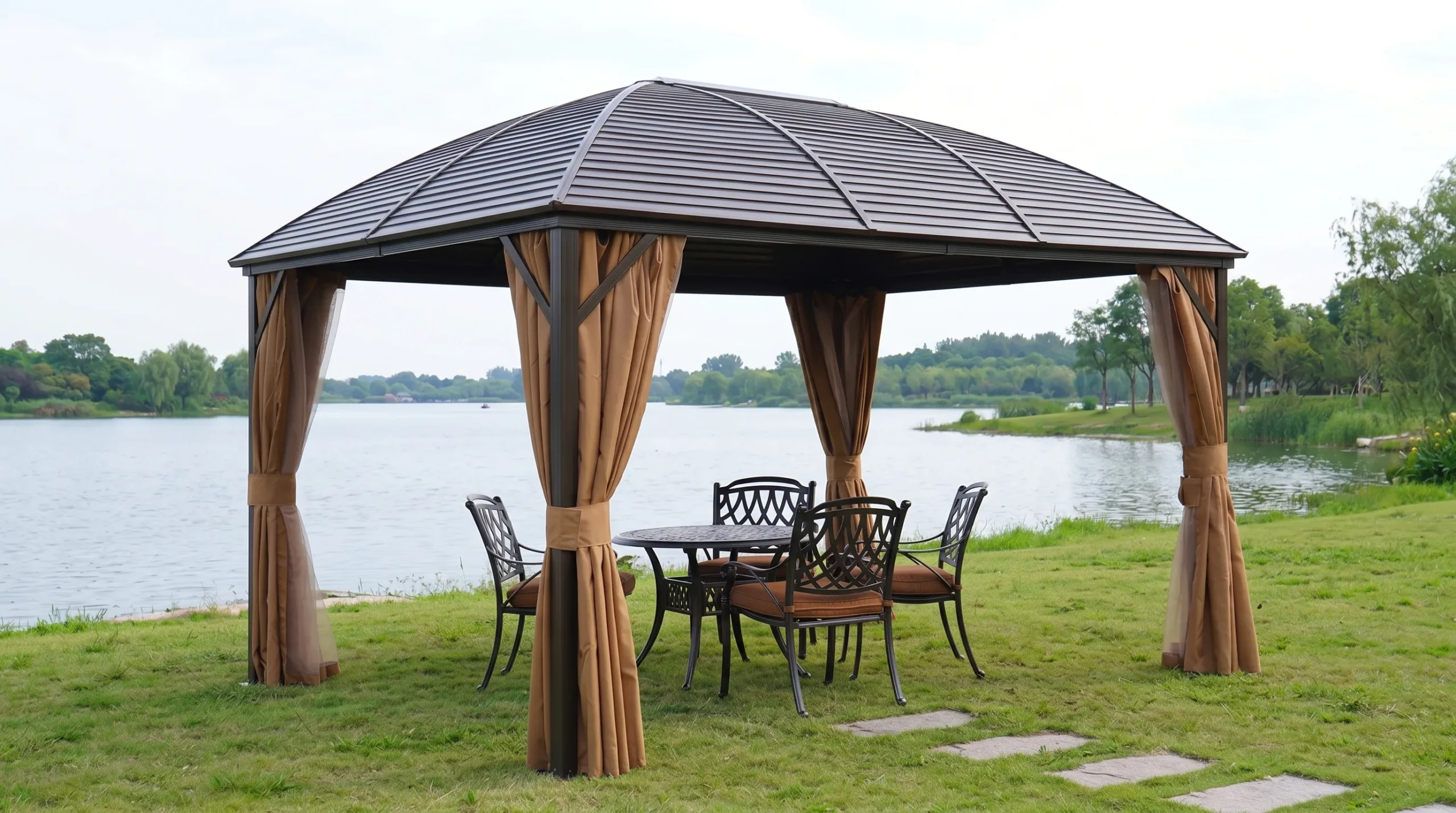 Curved Roof Galvanized Steel Gazebo with Curtains for Patio & Resort Shade