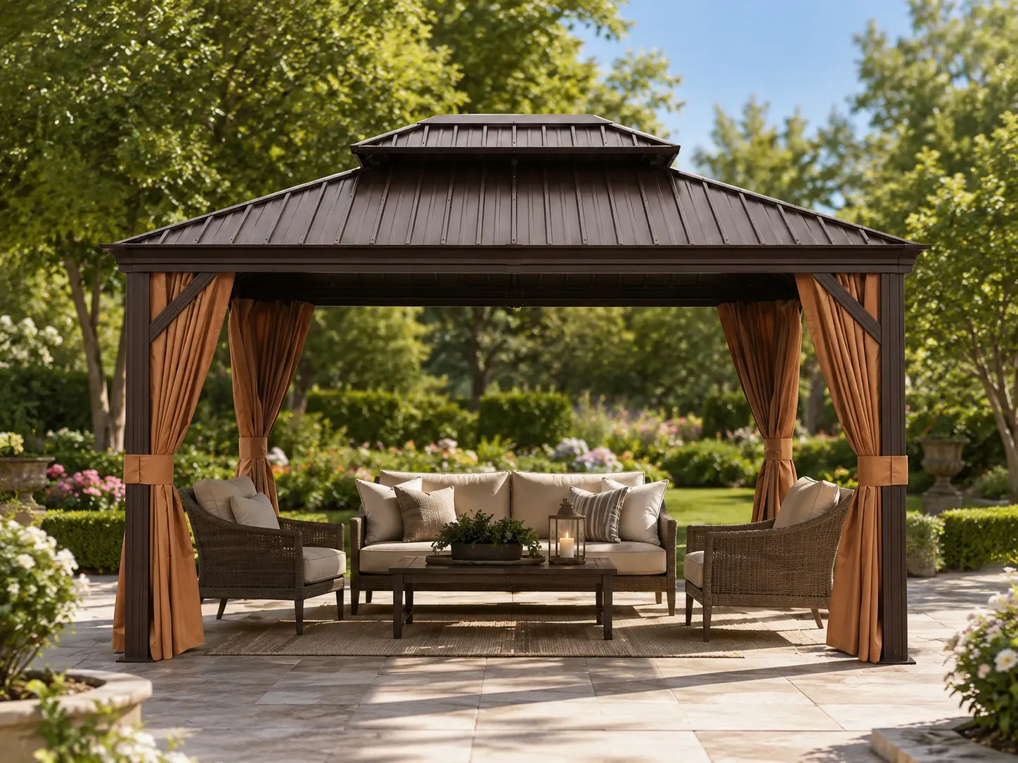 Double roof galvanized steel gazebo used in a garden leisure space