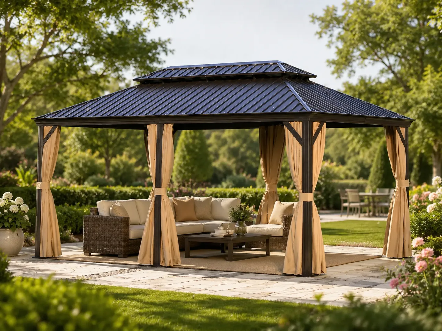 Extra large outdoor gazebo used in a garden leisure space