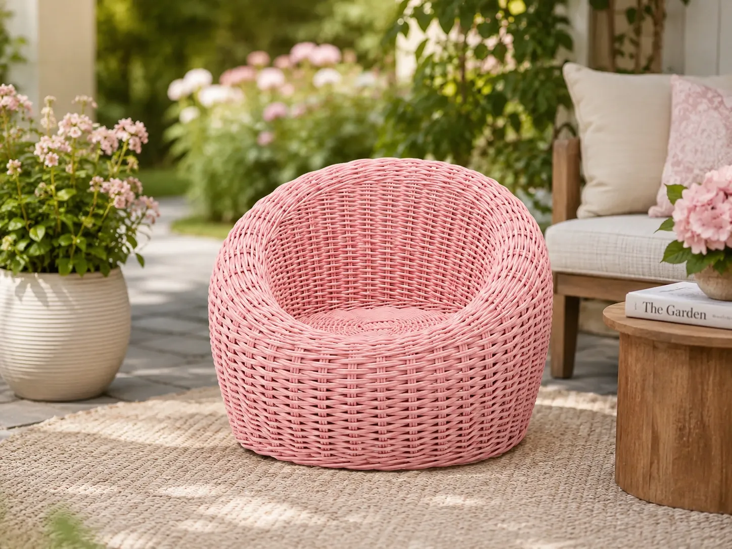 Kids PE rattan outdoor lounge chair used in a garden seating area