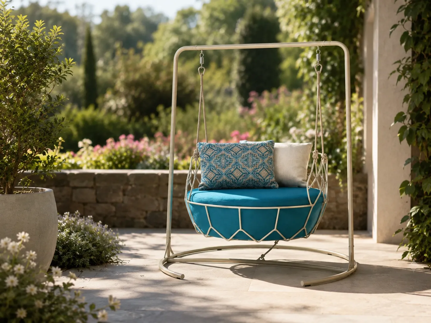 Outdoor hanging swing chair with stainless steel frame for garden spaces