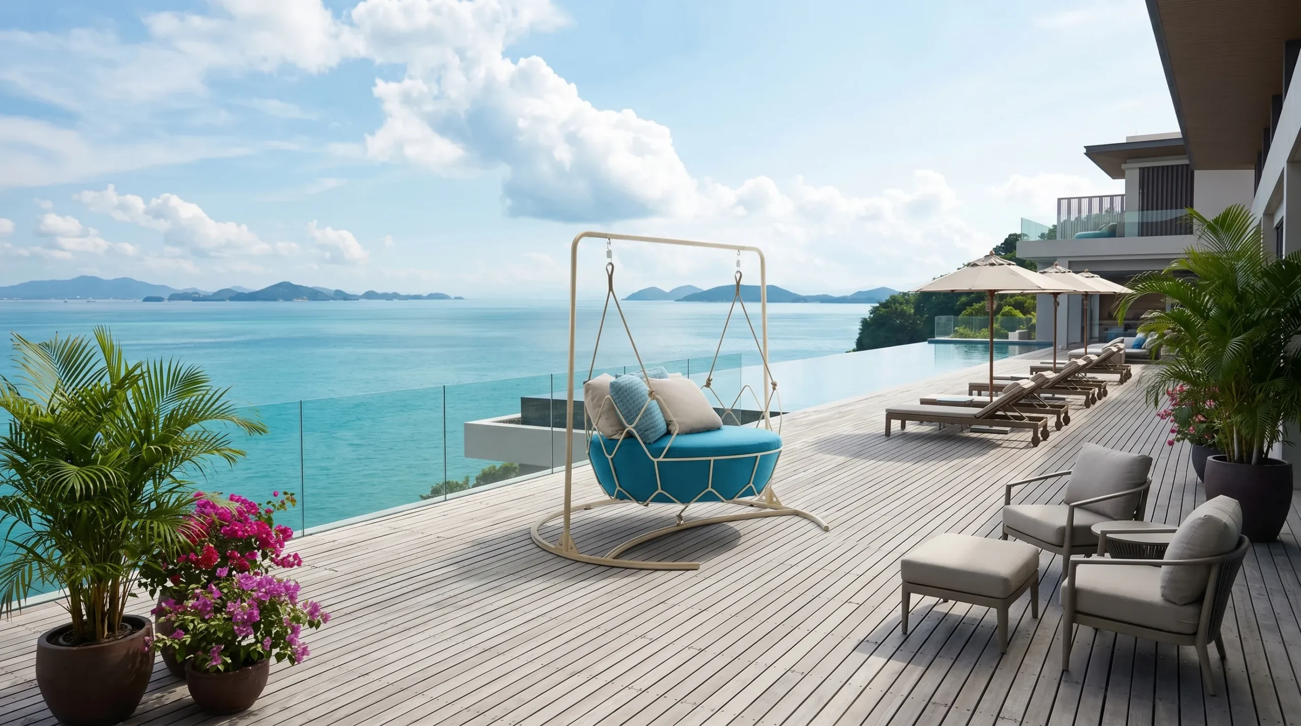 Stainless Steel Outdoor Hanging Swing Chair with Blue Cushion