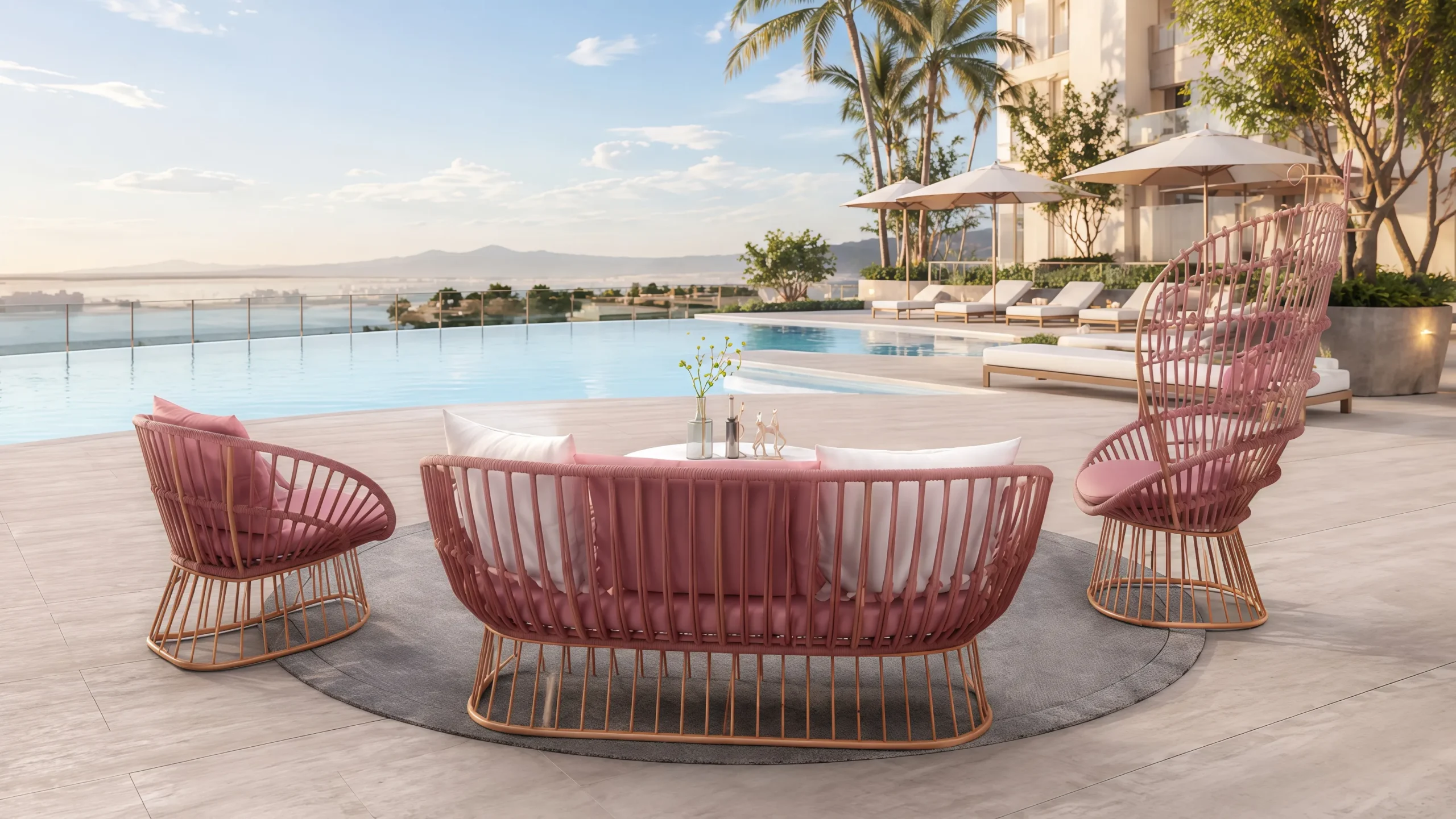 Pink Outdoor Rope Conversation Set with Sofa, Lounge Chairs and Coffee Table