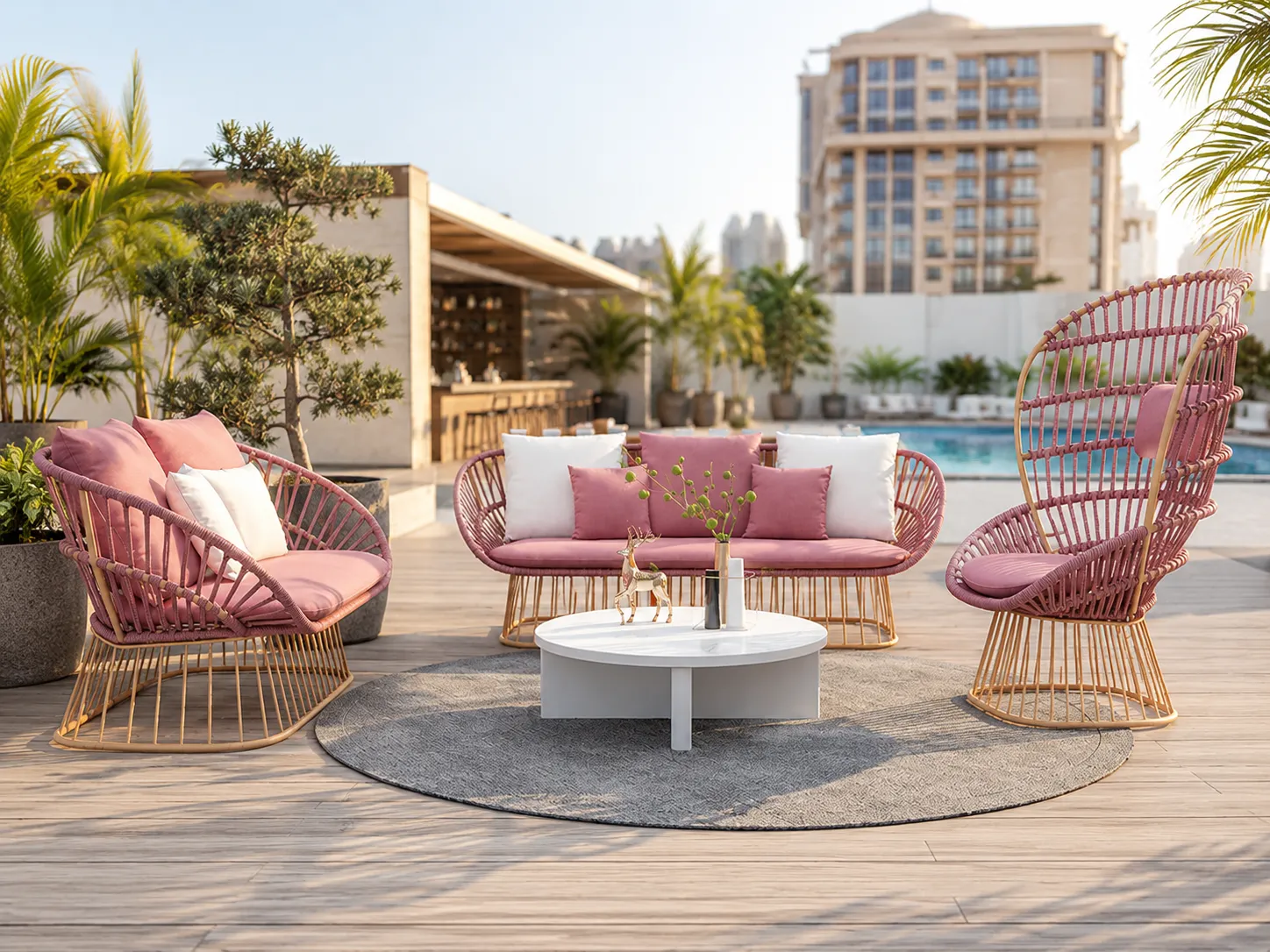 Garden outdoor rope lounge furniture set with sofa chairs and coffee table