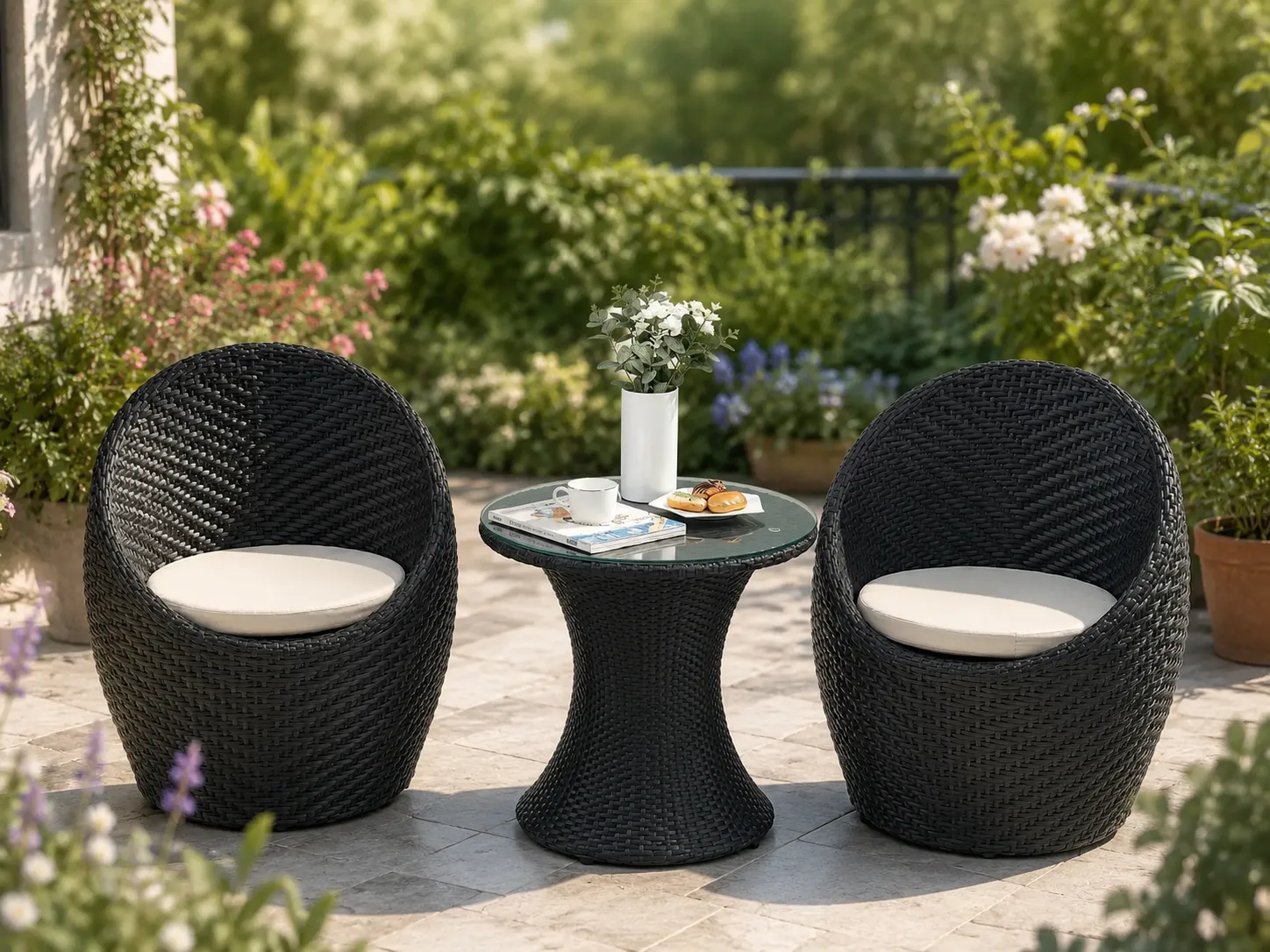 Black rattan bistro set with cream cushions for garden patio