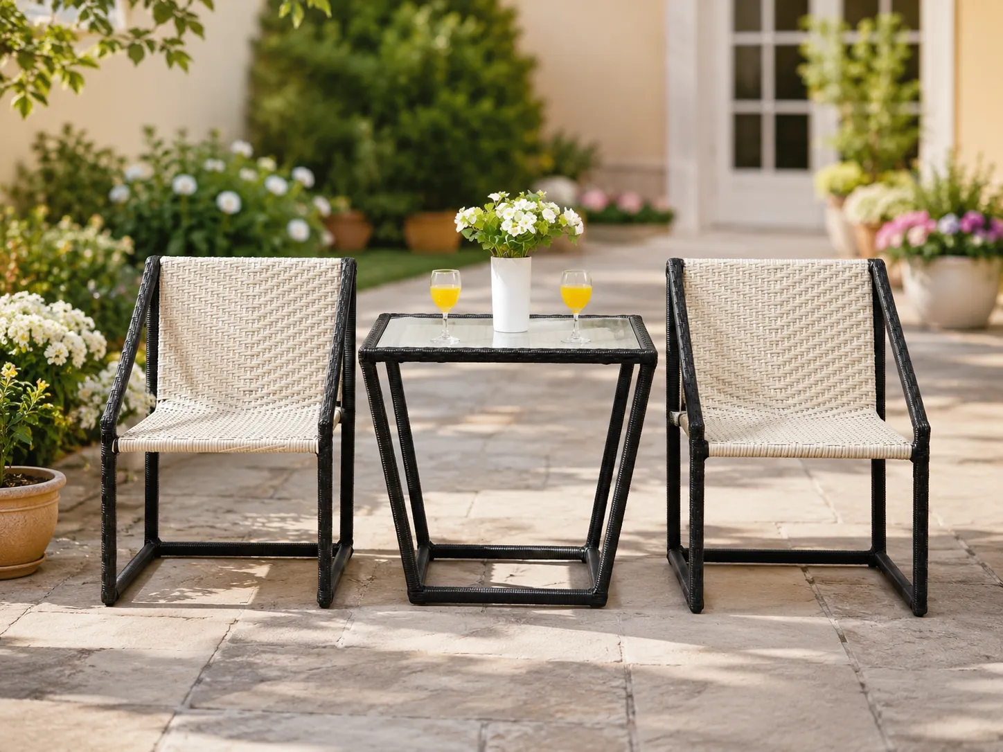Black white PE rattan bistro set for garden patio