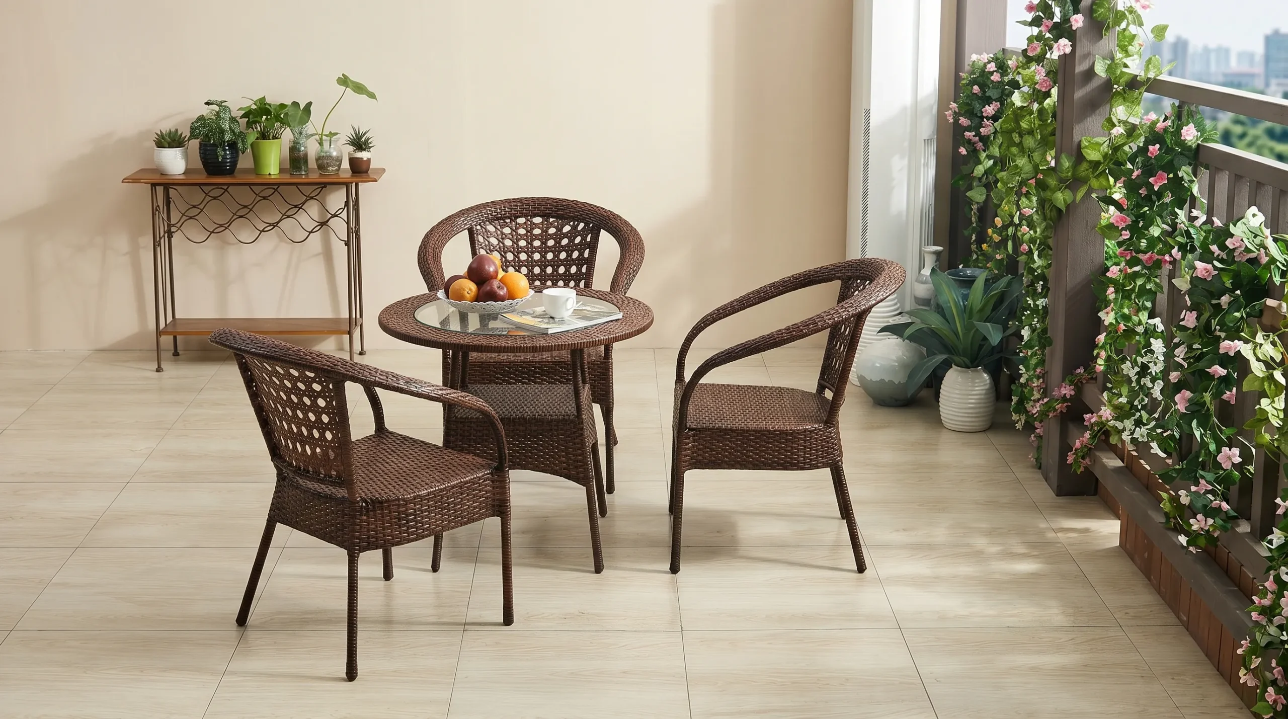 Brown PE Rattan Bistro Set with 3 Open-Weave Armchairs & Round Glass Table for Patio Café Balcony