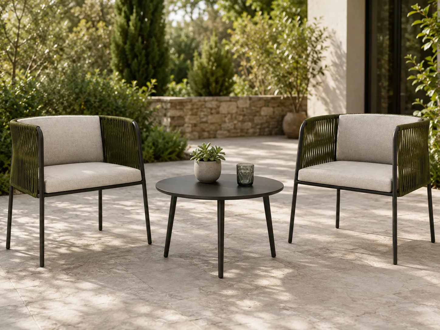 Green rope bistro set with beige cushions for garden patio