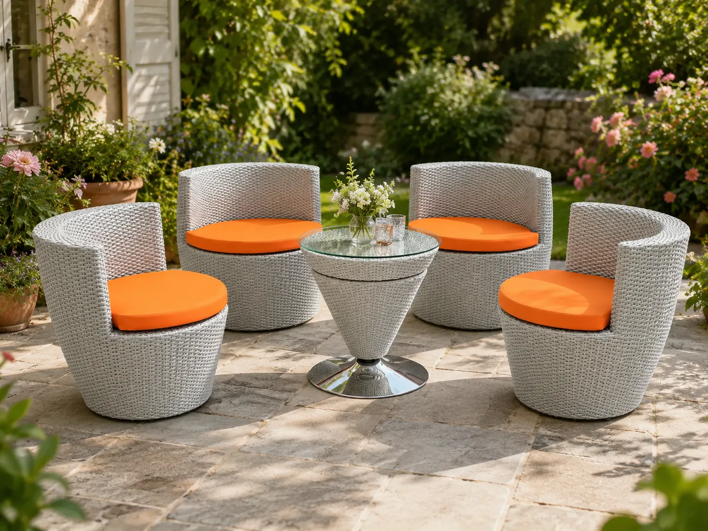 Rattan outdoor conversation set with orange cushions for garden patio