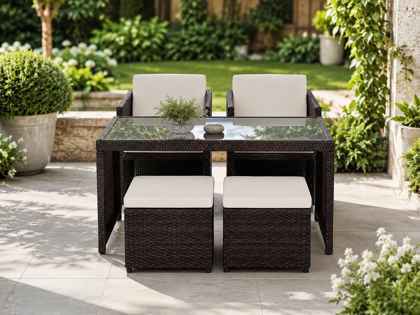 Garden patio rattan cube dining set with ottomans