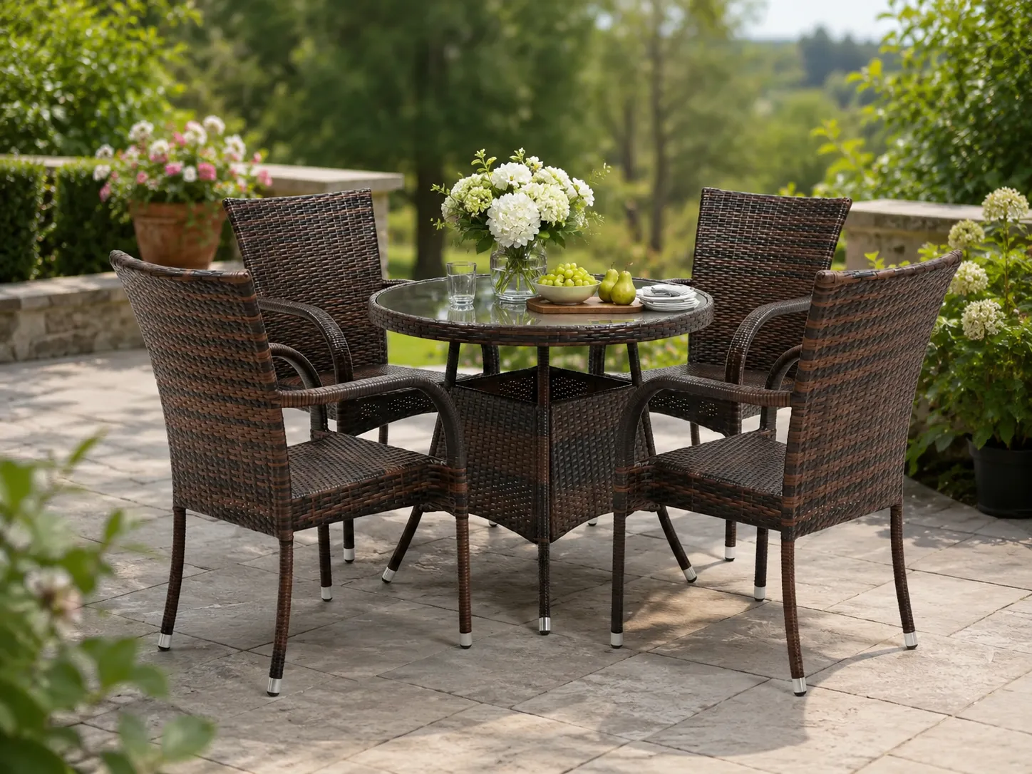 Garden patio rattan dining set with round glass table