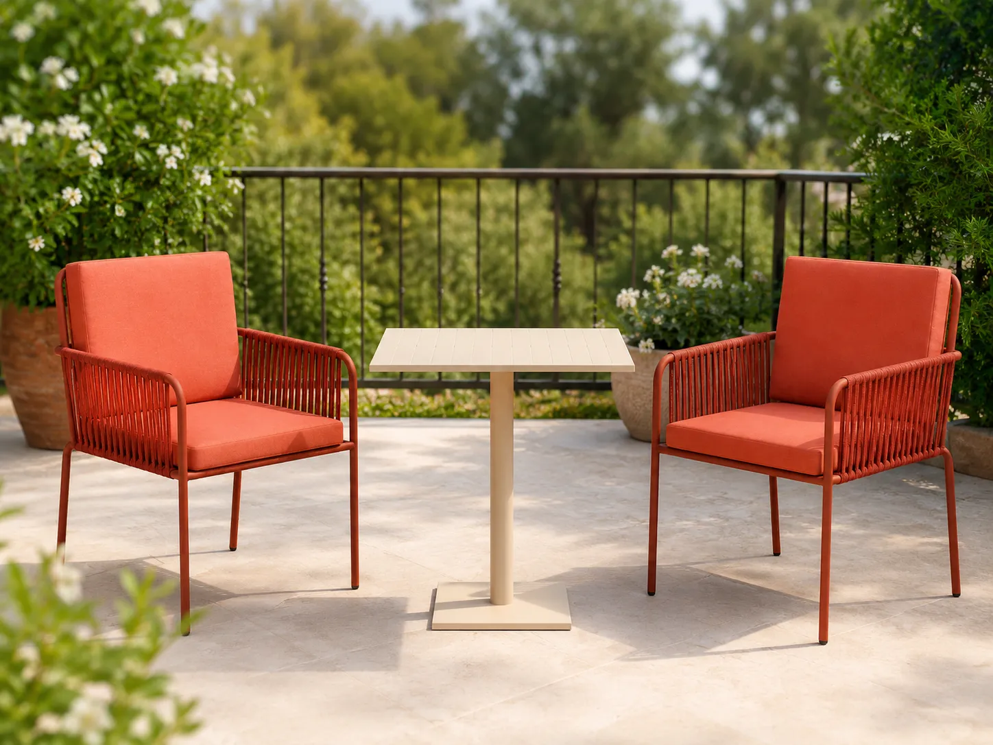 Rope bistro set with orange cushions for garden patio