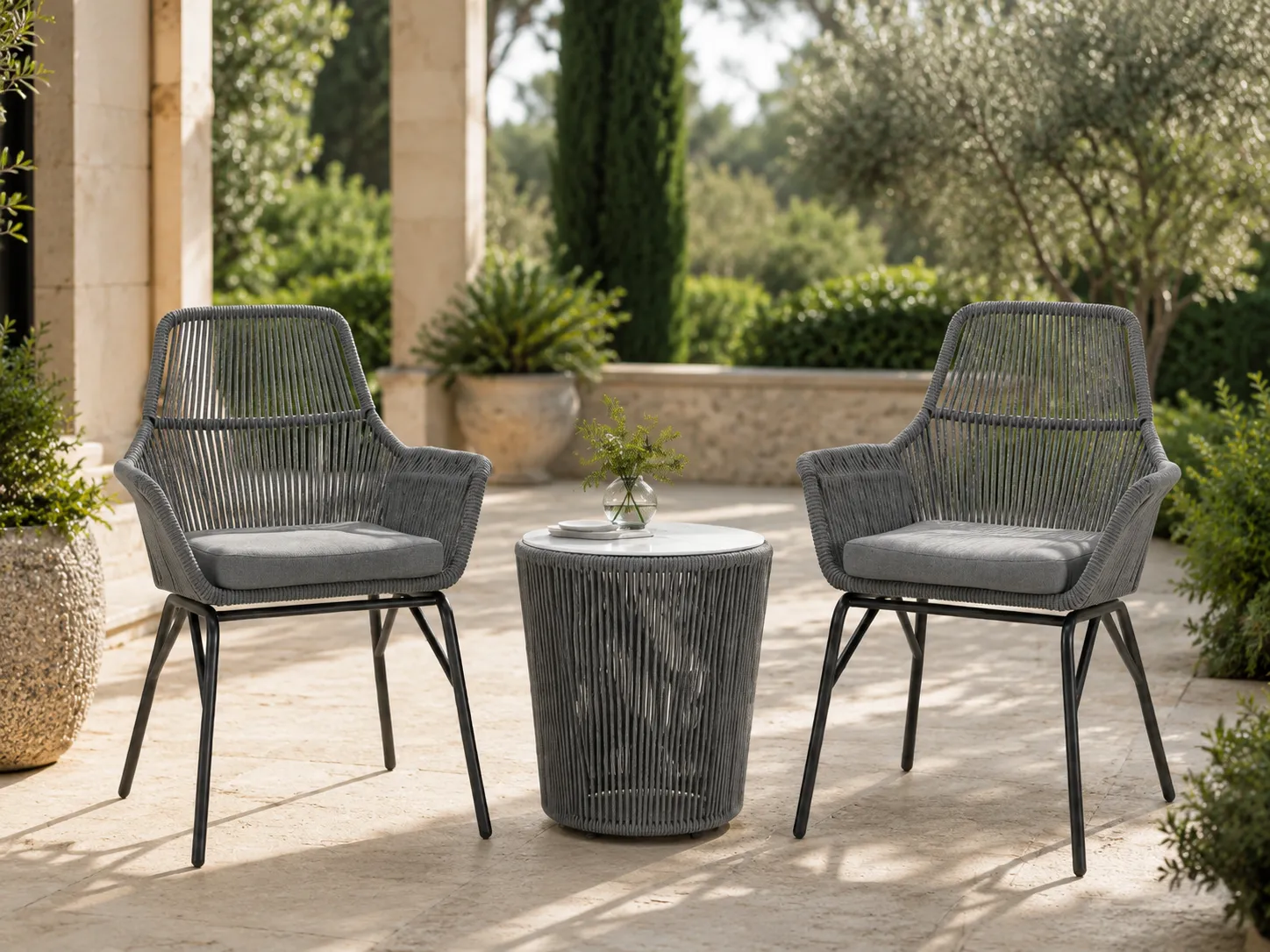 Garden patio rope bistro table set with two chairs