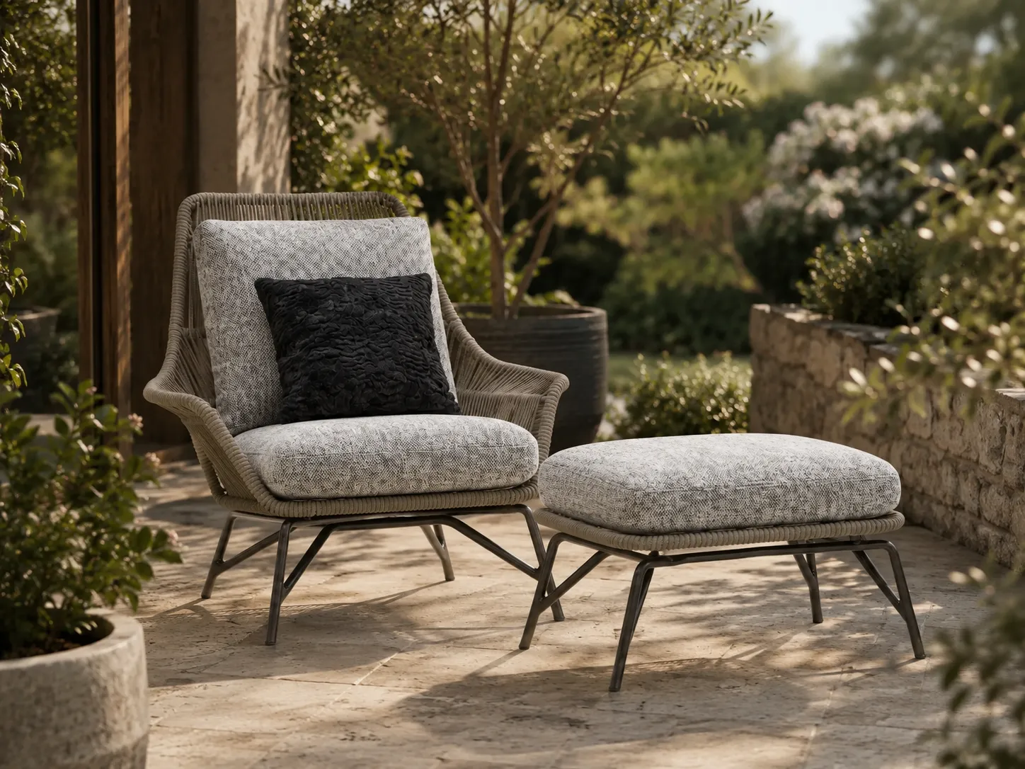 Rope lounge chair and ottoman set for garden patio