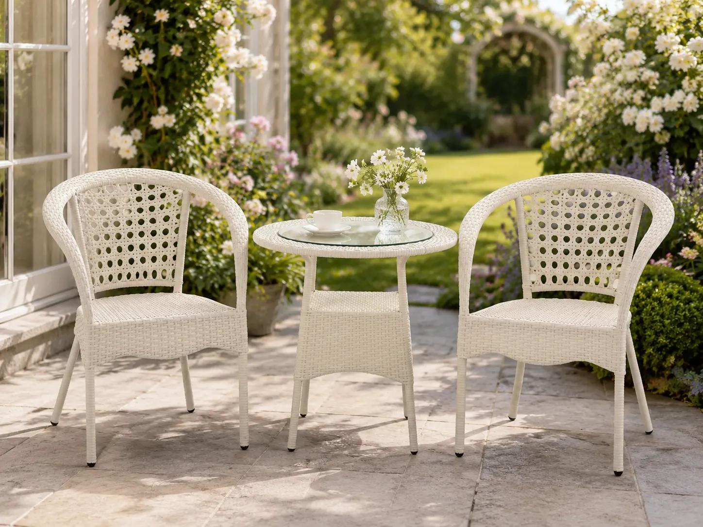 White rattan bistro set for garden patio
