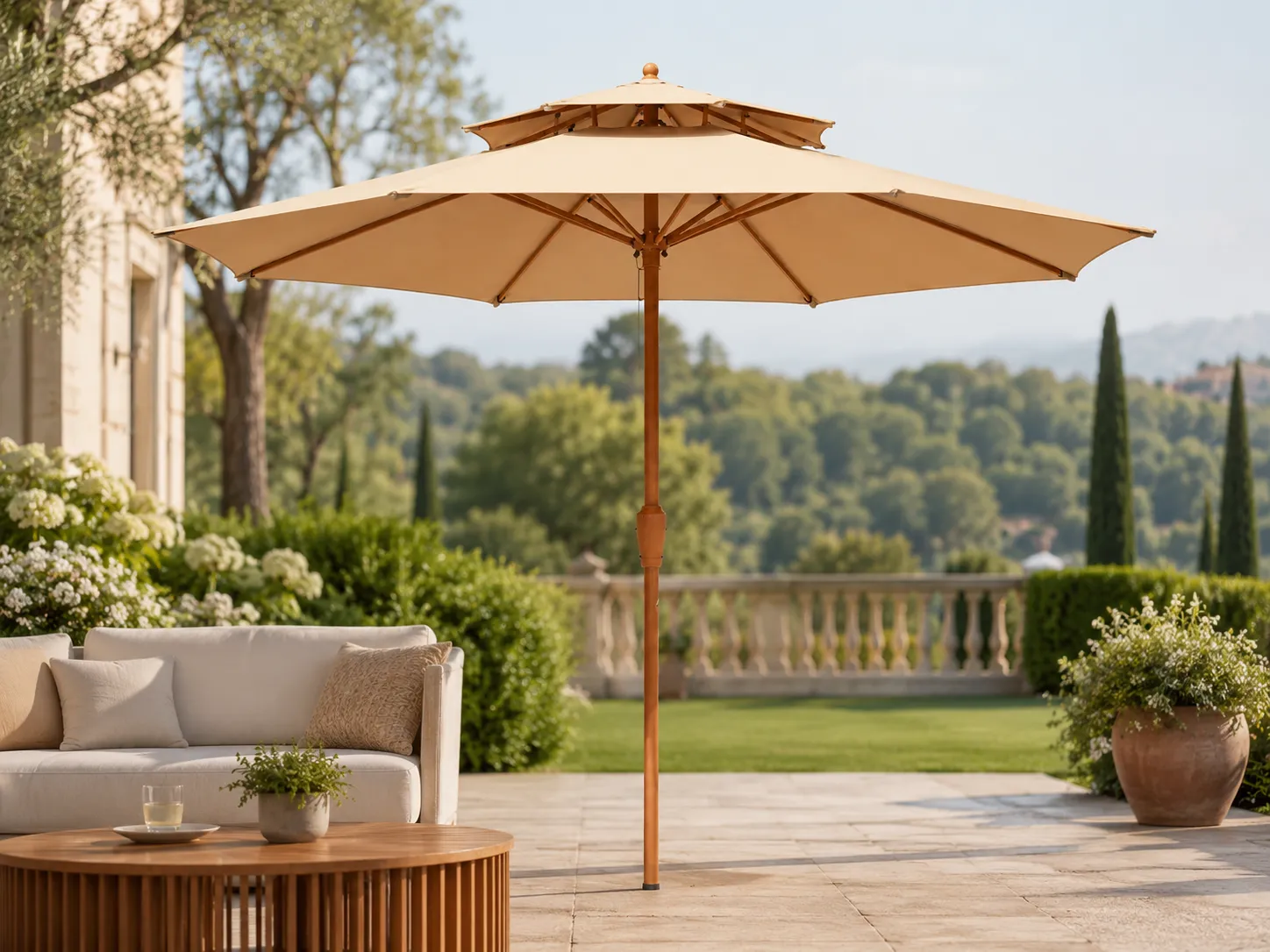 Wooden patio market umbrella for garden shade areas