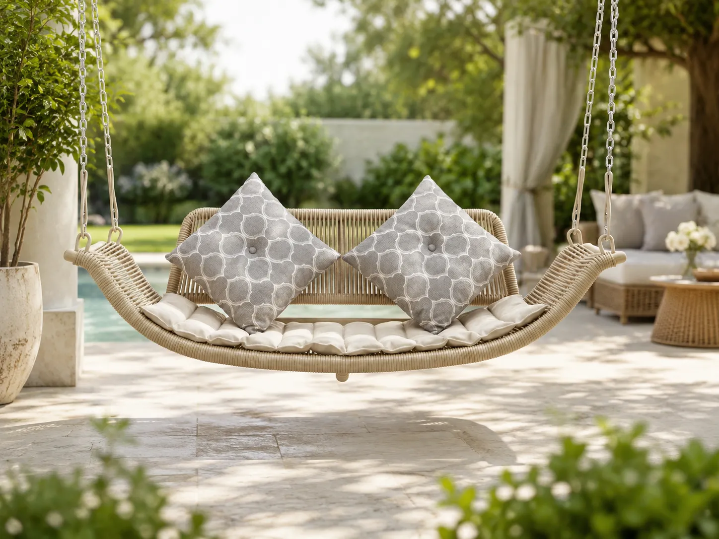 Rope hanging swing daybed used in an outdoor garden lounge area