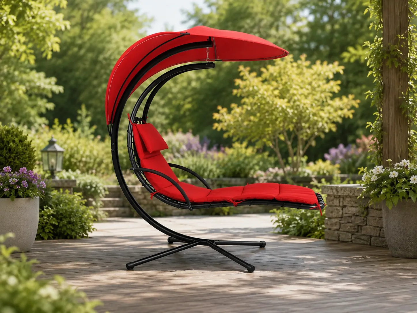 Stainless steel outdoor hanging chair used in a garden leisure area