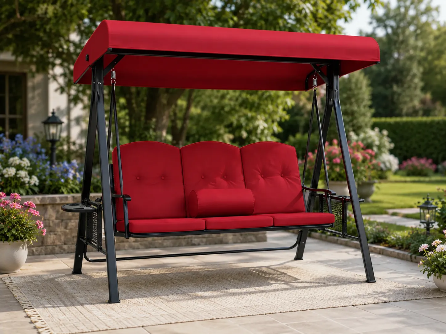 Steel outdoor canopy swing sofa used in a garden leisure area