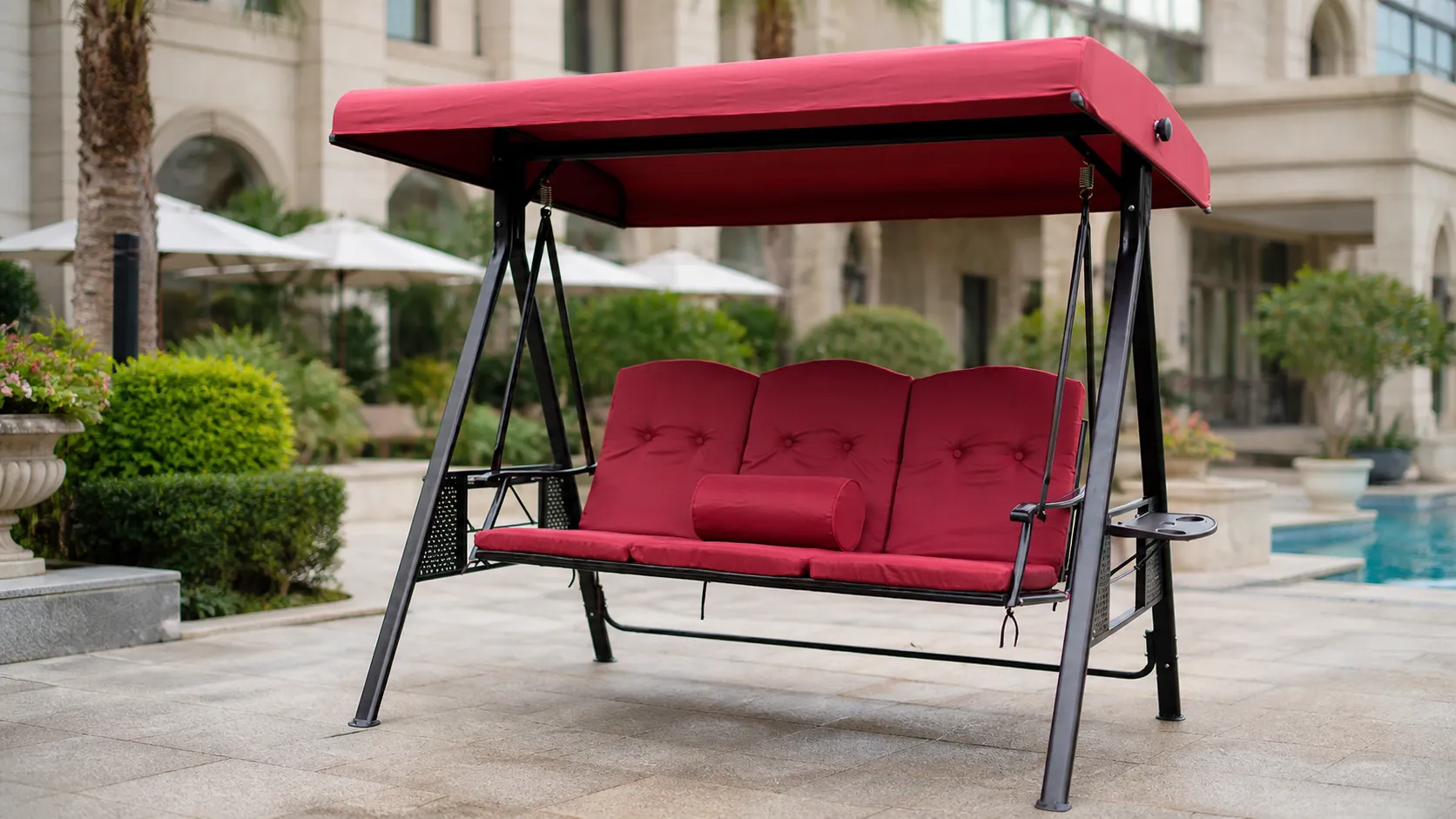 Steel Outdoor Canopy Swing Sofa with Red Cushions