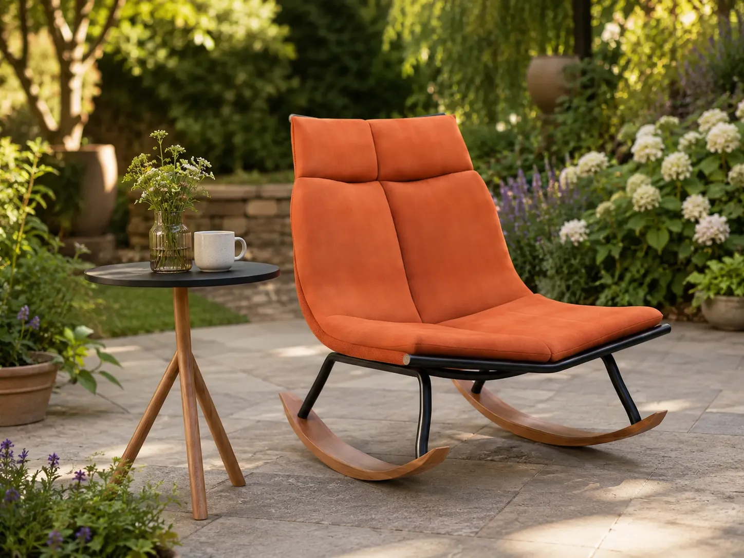 Teak rocking lounge chair for garden outdoor relaxation spaces