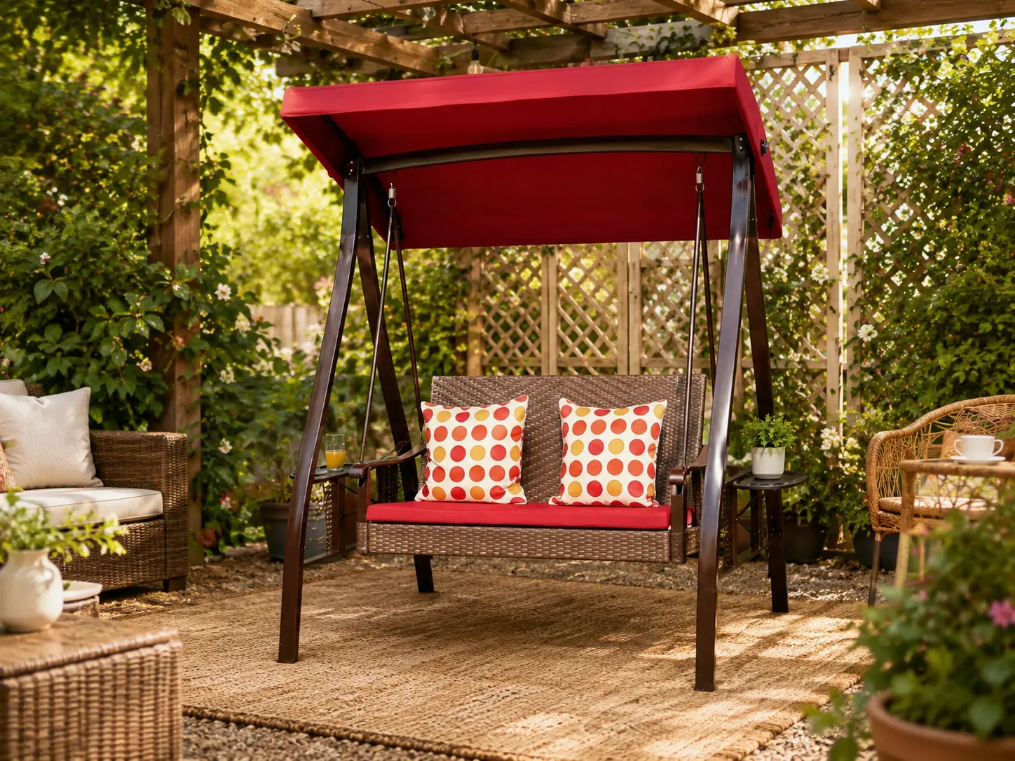 Wicker outdoor canopy swing chair used in a garden leisure area